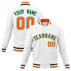 Custom White Green-Orange Classic Style Varsity Full-Snap Letterman Jacket