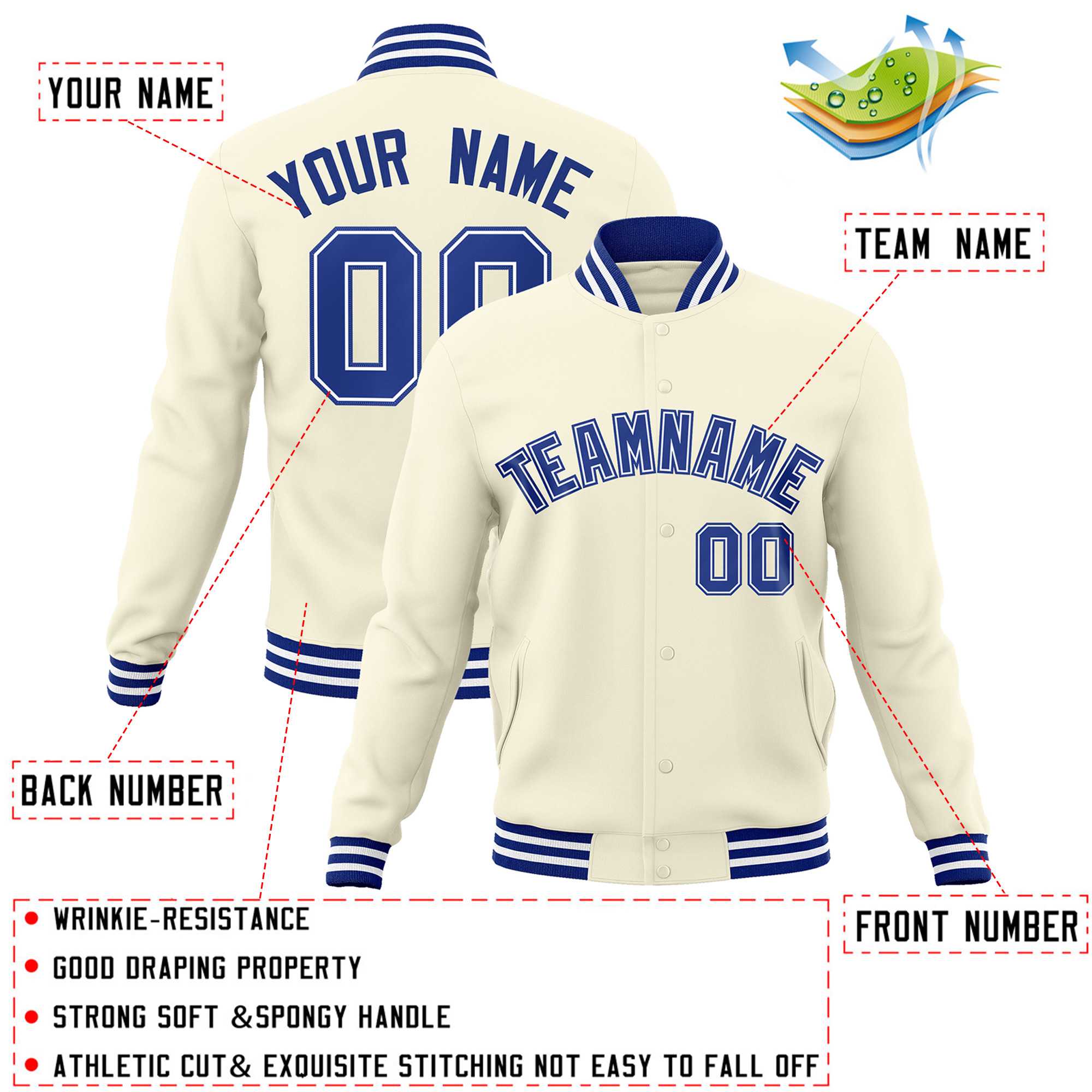 Custom Khaki Royal-Royal Classic Style Varsity Full-Snap Letterman Jacket