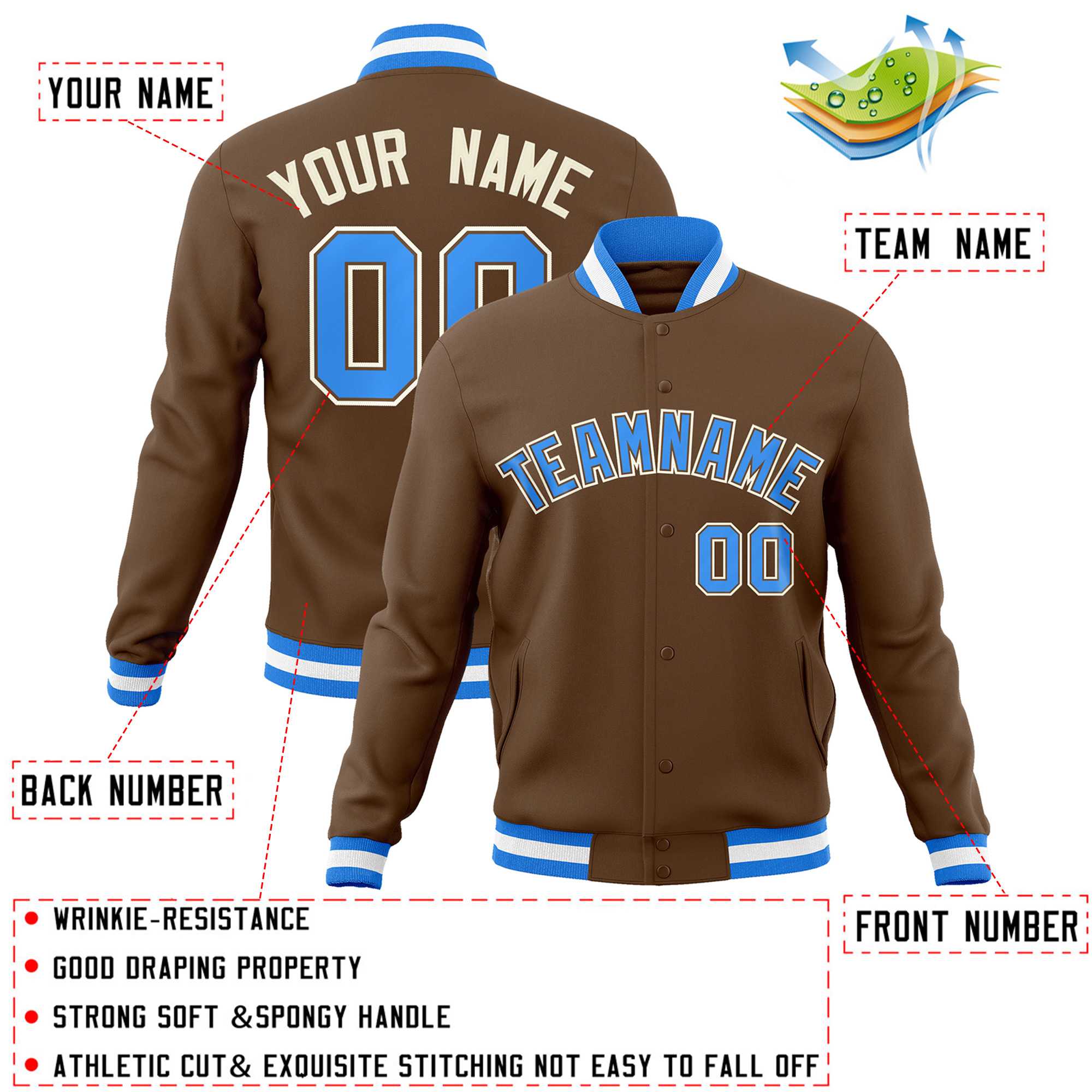 Custom Light Brown Powder Blue-Khaki Classic Style Varsity Full-Snap Letterman Jacket