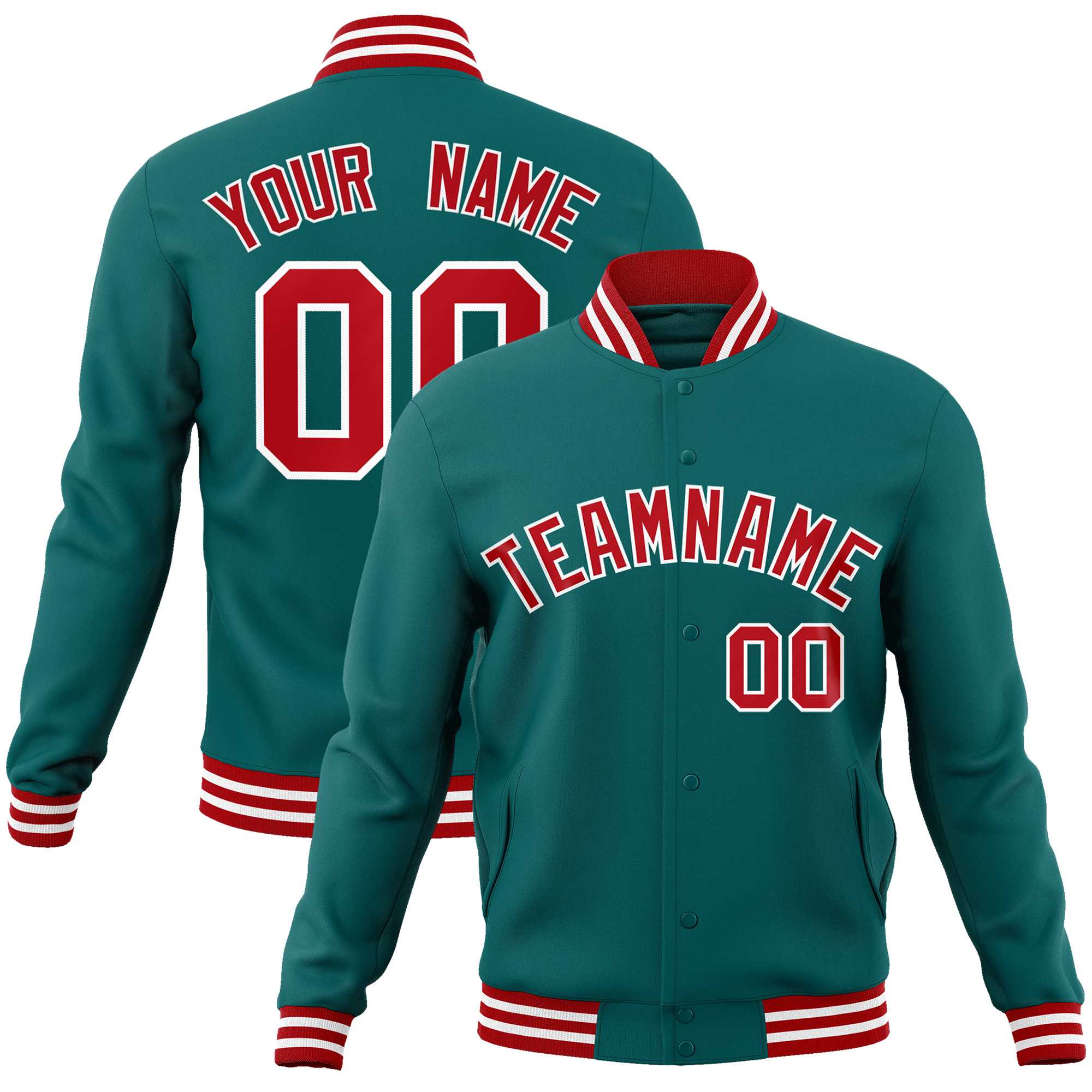 Custom Aqua Red-White Classic Style Varsity Full-Snap Letterman Jacket