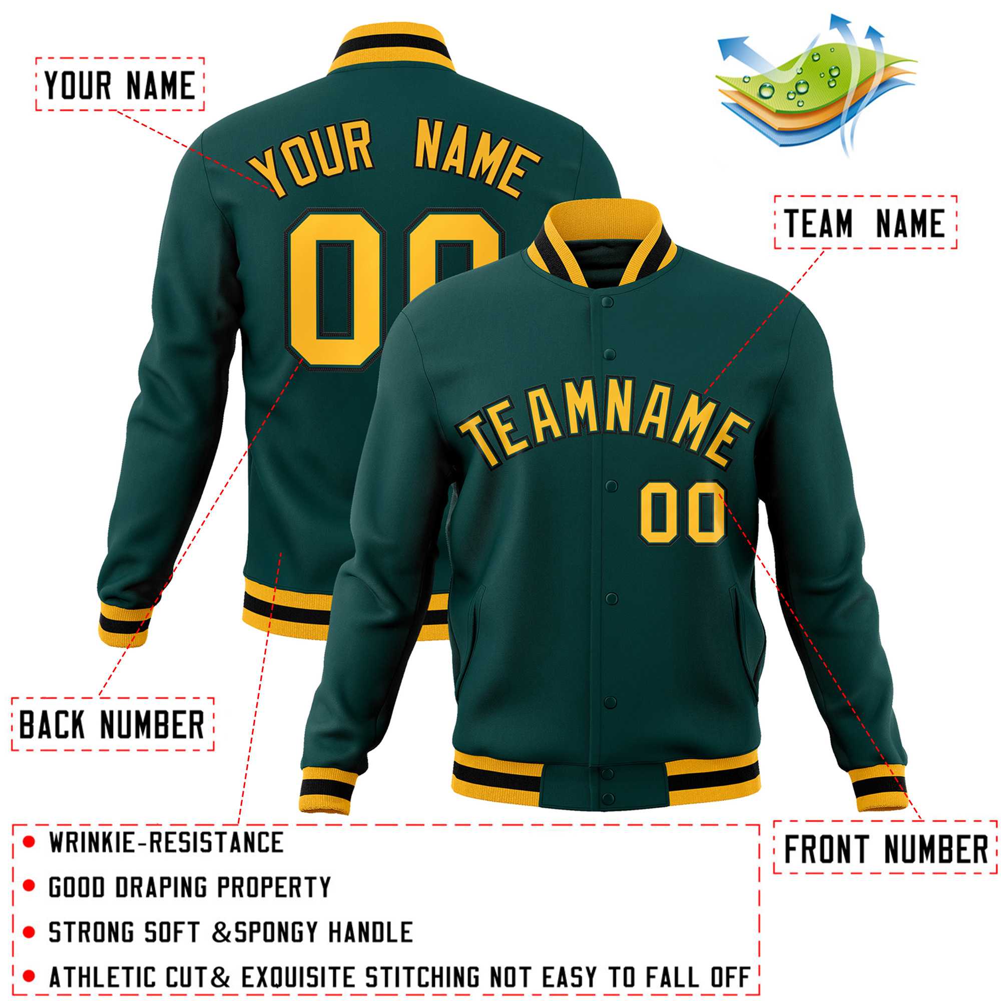 Custom Midnight Green Gold-Black Classic Style Varsity Full-Snap Letterman Jacket