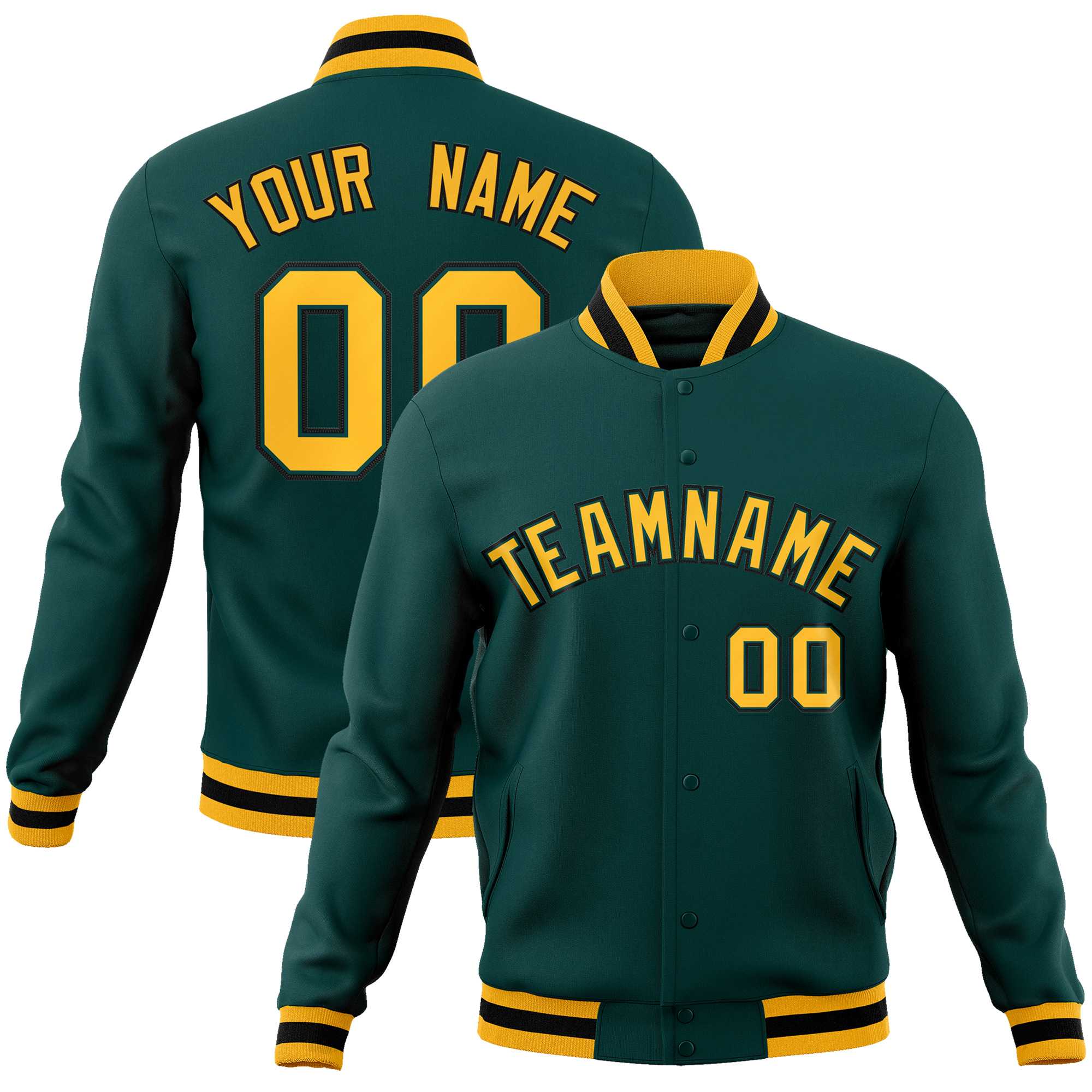 Custom Midnight Green Gold-Black Classic Style Varsity Full-Snap Letterman Jacket