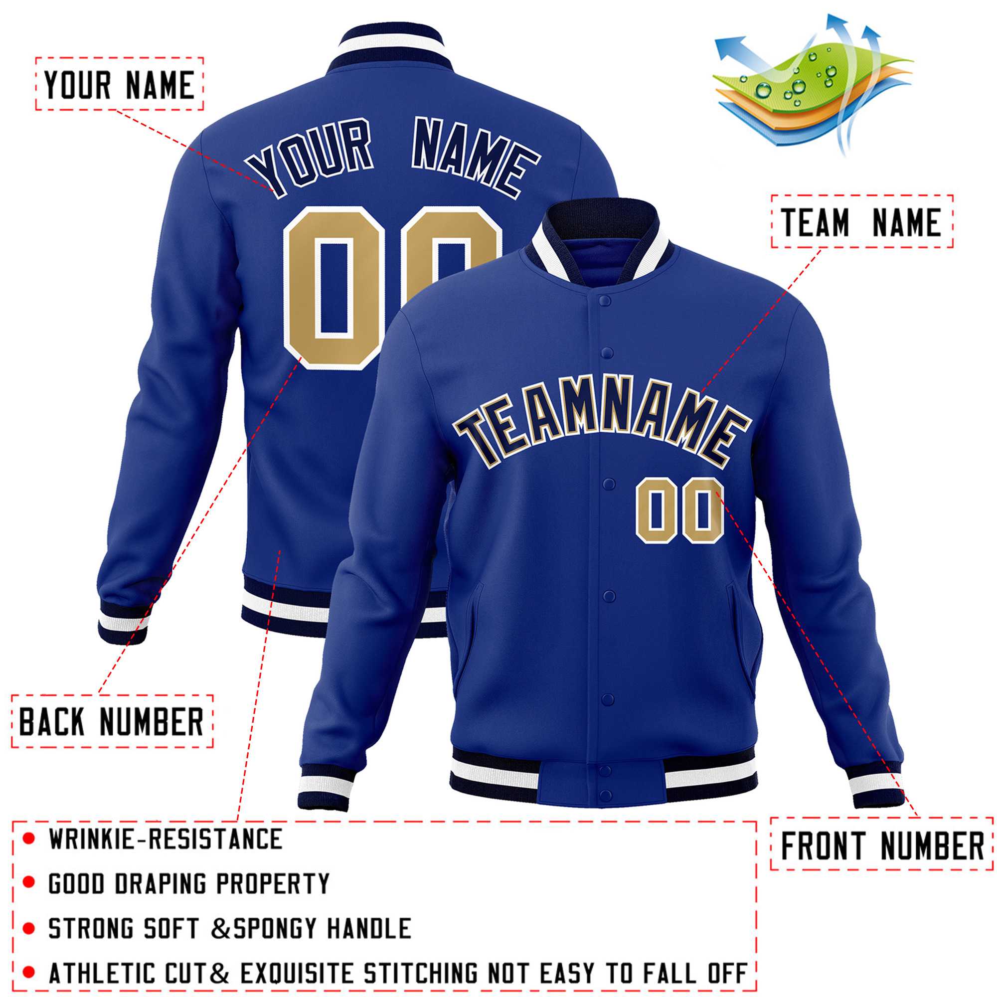 Custom Royal Navy-White Classic Style Varsity Full-Snap Letterman Jacket