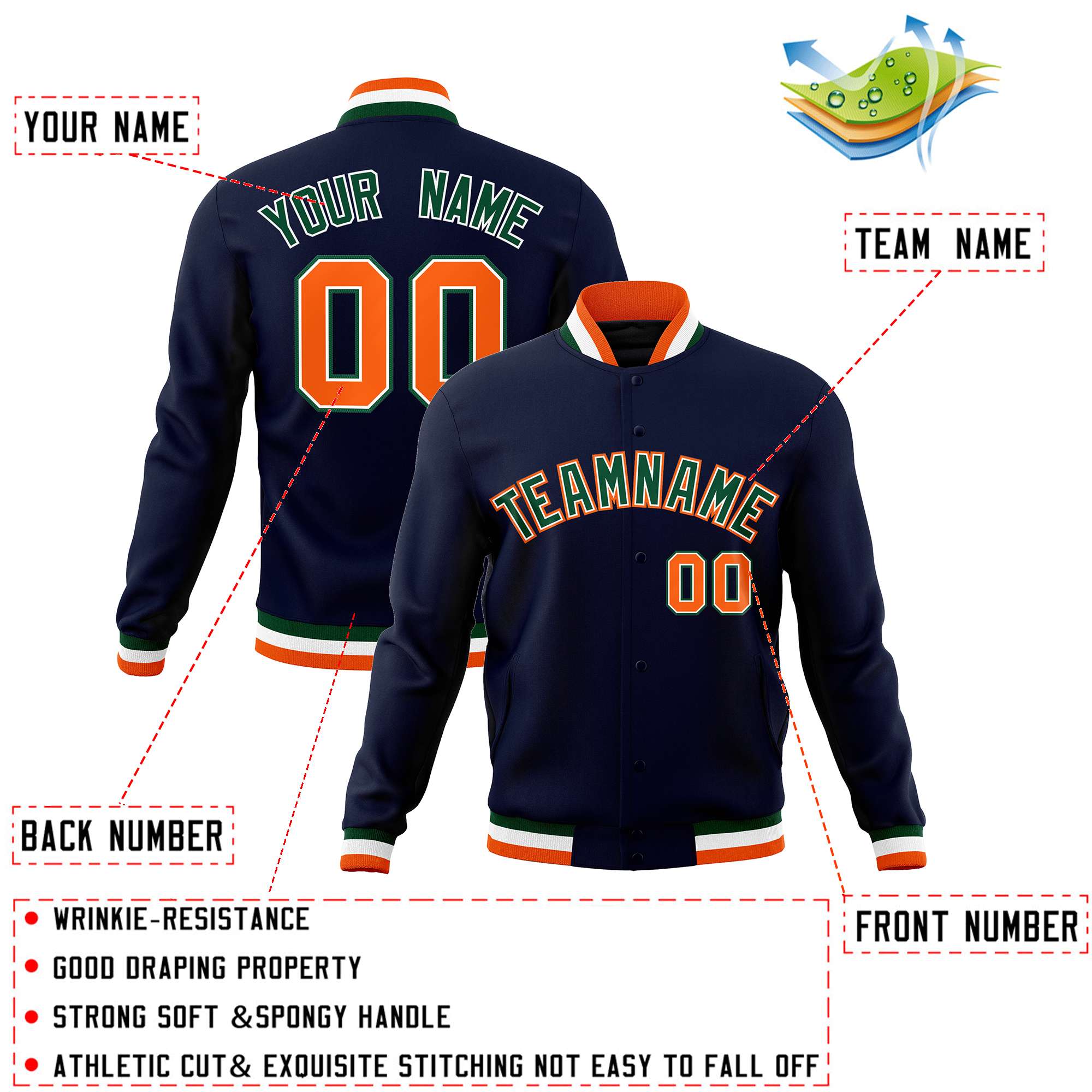 Custom Navy Green-Orange Classic Style Varsity Full-Snap Letterman Jacket