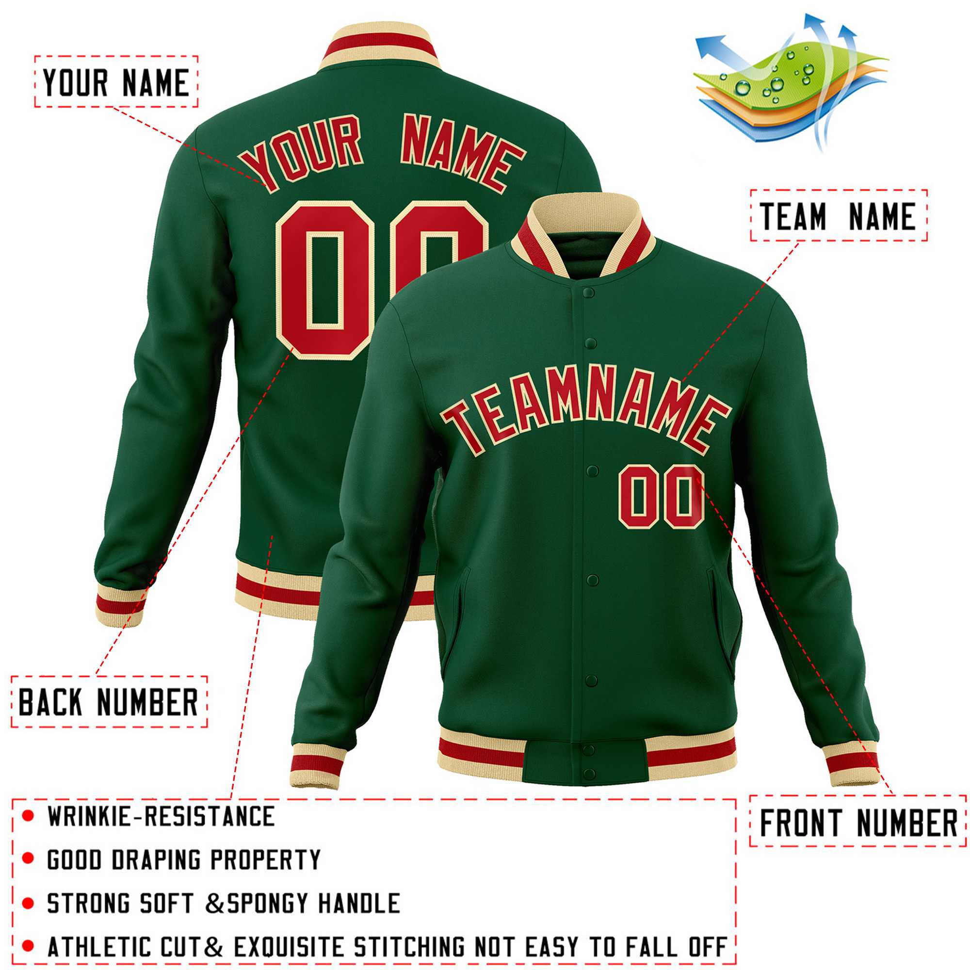 Custom Green Red-Khaki Classic Style Varsity Full-Snap Letterman Jacket