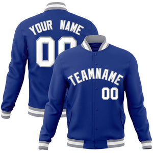 Custom Royal White-Gray Classic Style Varsity Full-Snap Letterman Jacket