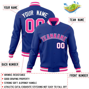 Custom Royal Pink-White Classic Style Varsity Full-Snap Letterman Jacket