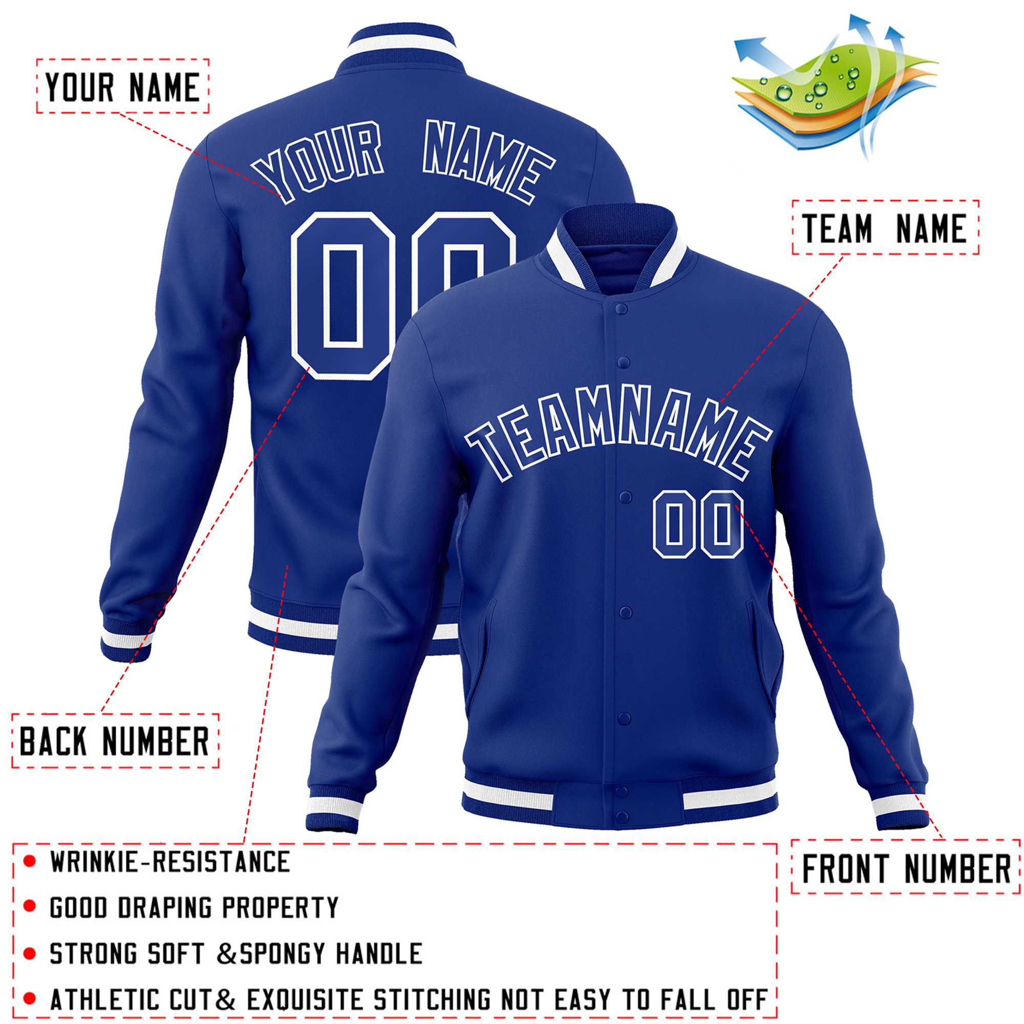 Custom Royal Royal-White Classic Style Varsity Full-Snap Letterman Jacket