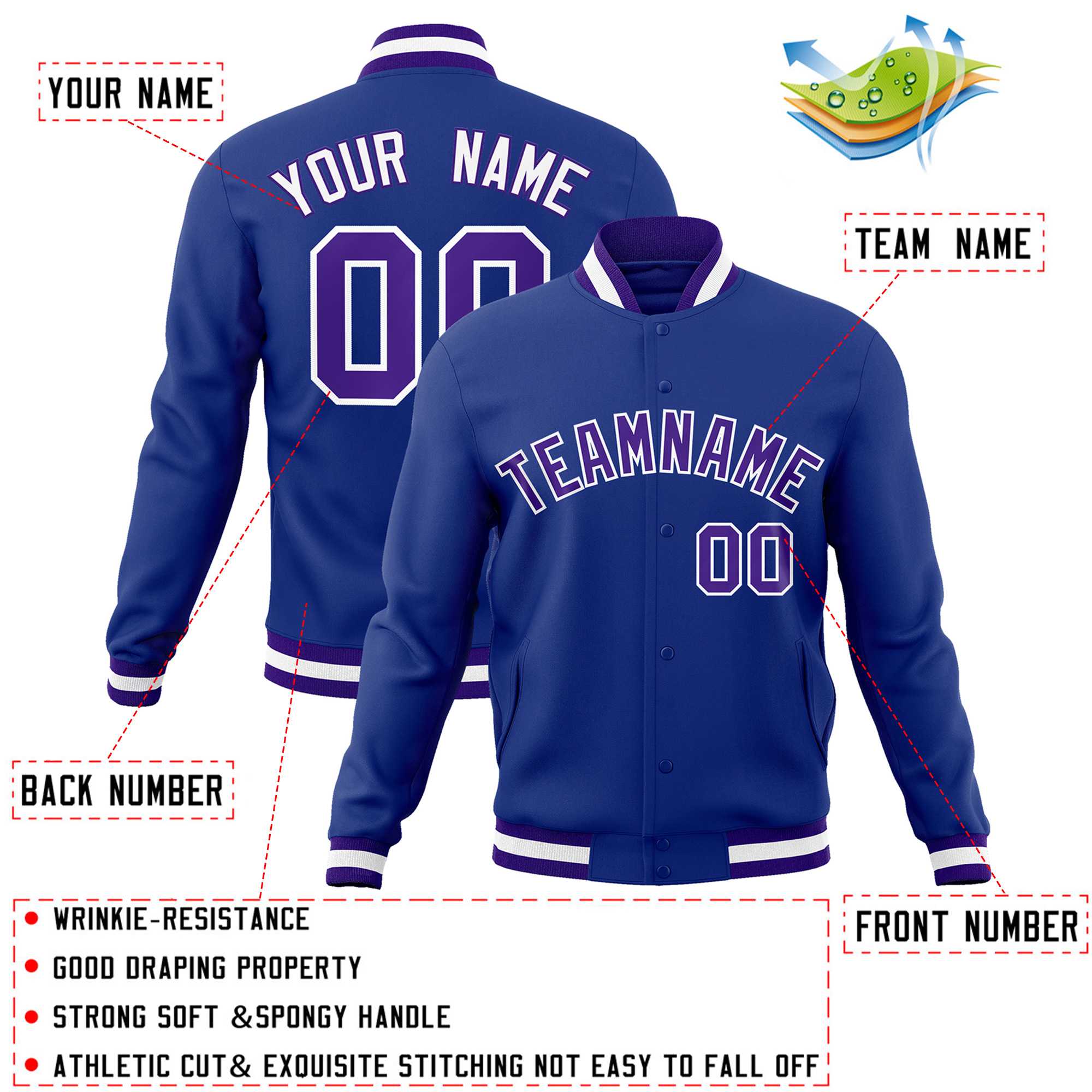 Custom Royal Purple-White Classic Style Varsity Full-Snap Letterman Jacket