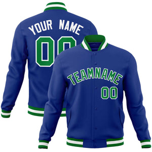 Custom Royal Kelly Green-White Classic Style Varsity Full-Snap Letterman Jacket