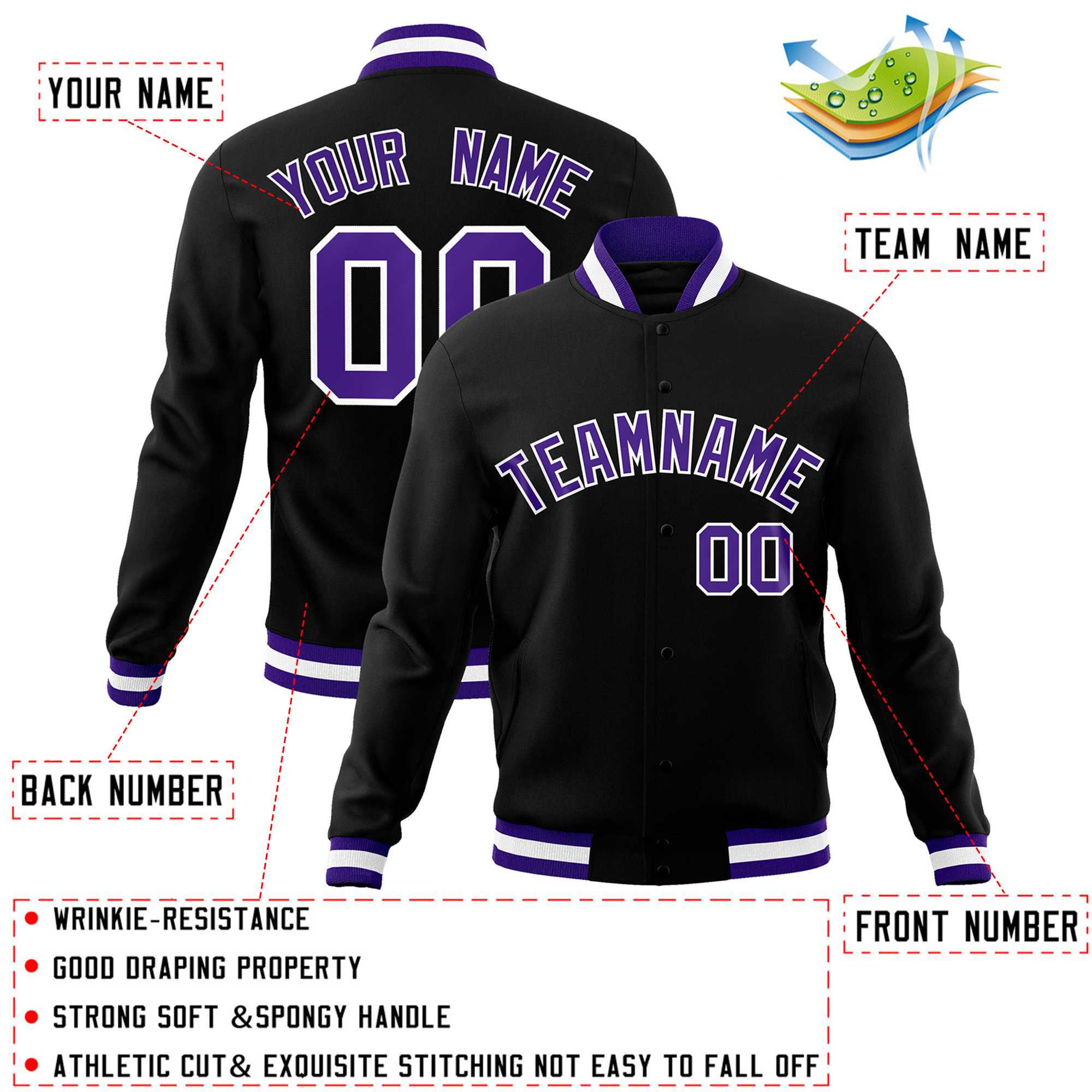 Custom Black Purple-White Classic Style Varsity Full-Snap Letterman Jacket