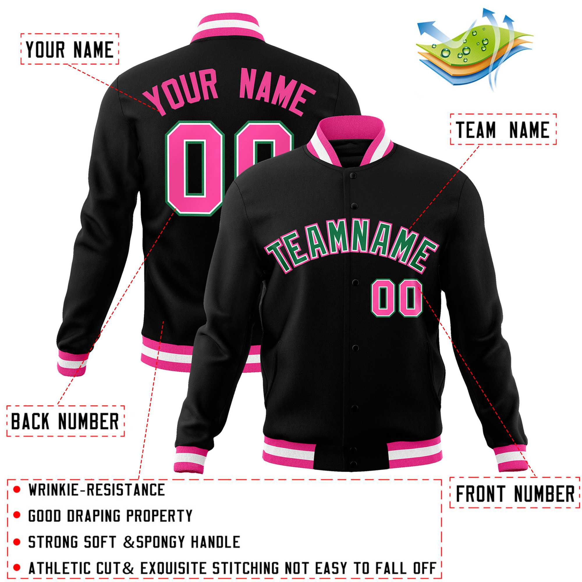 Custom Black Kelly Green-Pink Classic Style Varsity Full-Snap Letterman Jacket