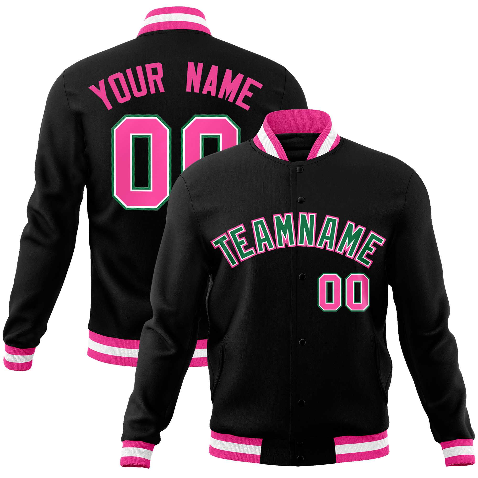 Custom Black Kelly Green-Pink Classic Style Varsity Full-Snap Letterman Jacket