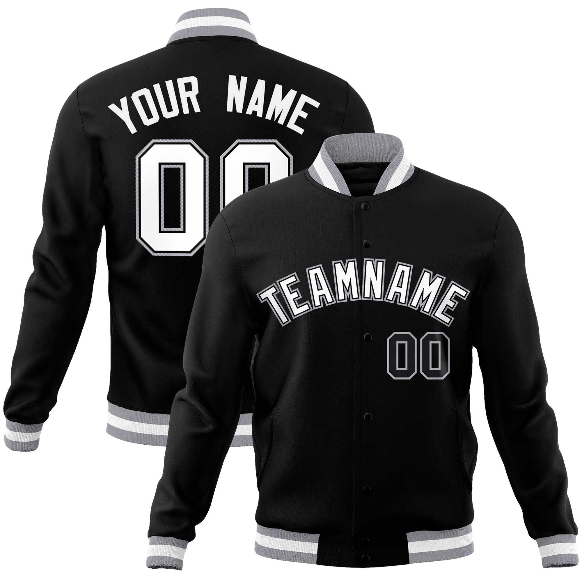 Custom Black White-Gray Classic Style Varsity Full-Snap Letterman Jacket