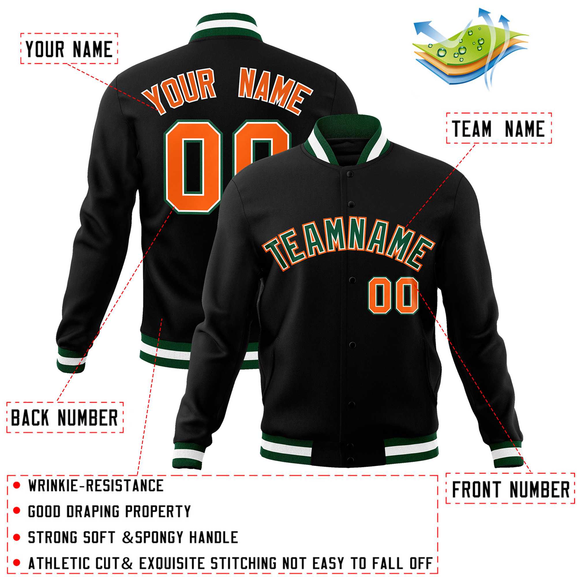 Custom Black Green-Orange Classic Style Varsity Full-Snap Letterman Jacket