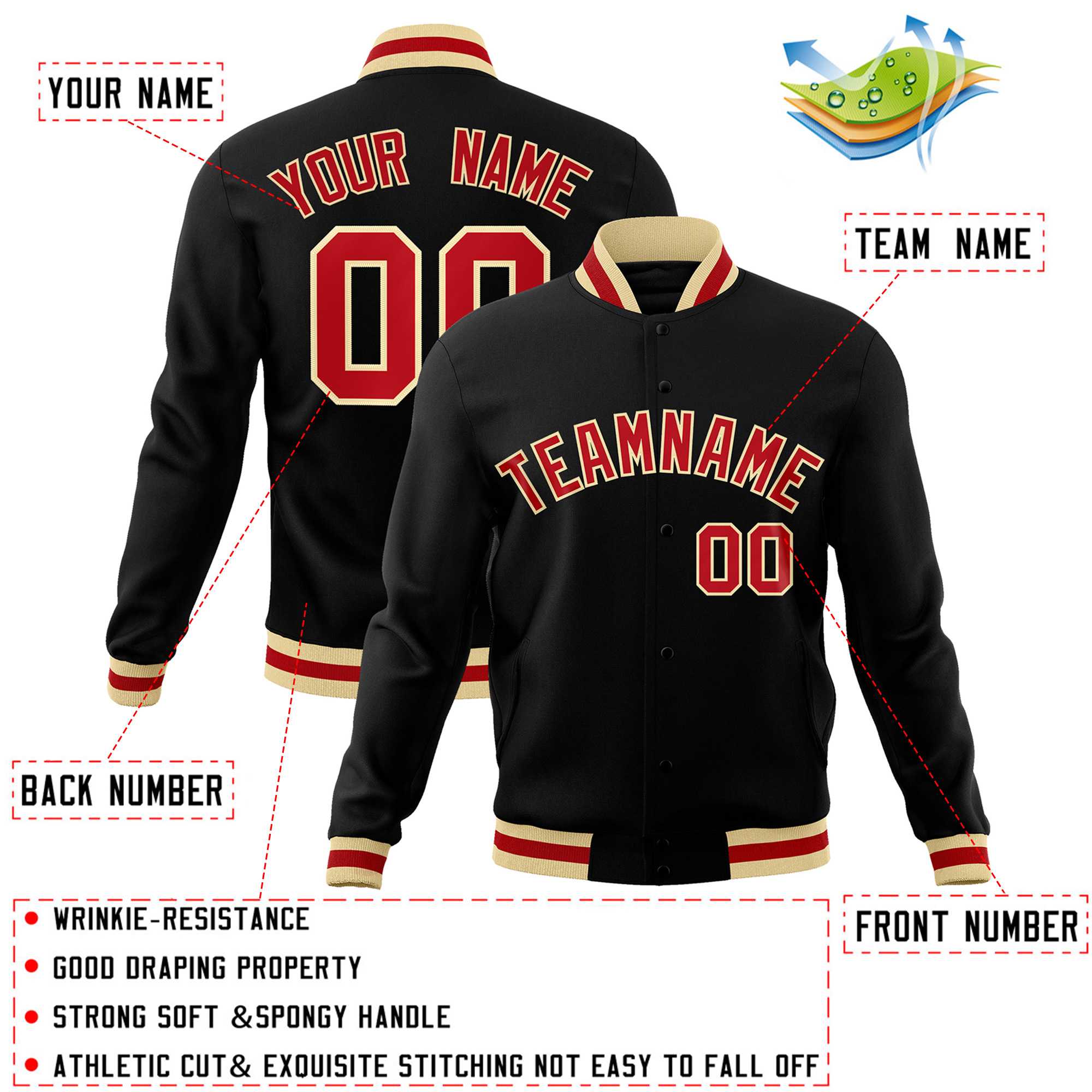 Custom Black Red-Khaki Classic Style Varsity Full-Snap Letterman Jacket