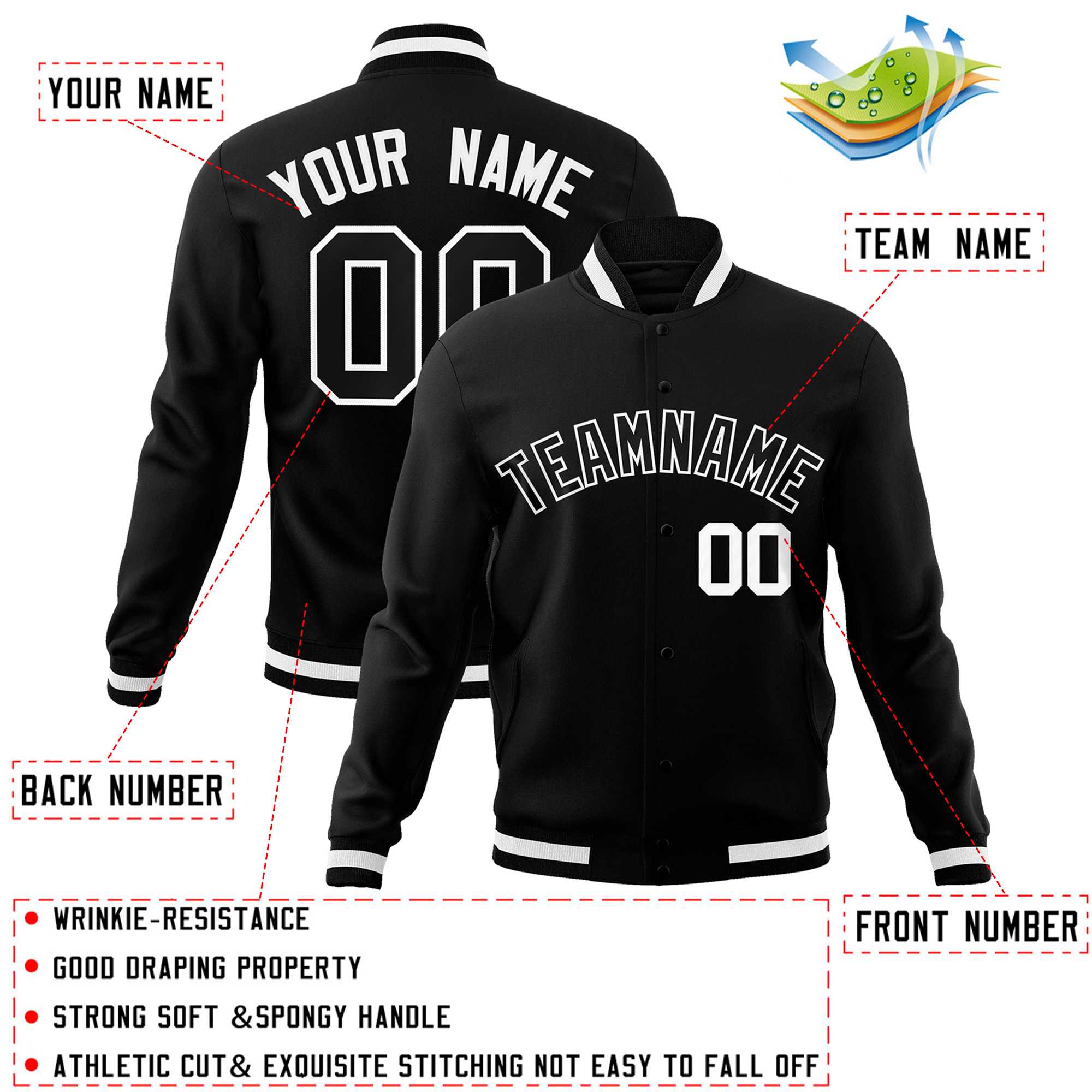 Custom Black Black-White Classic Style Varsity Full-Snap Letterman Jacket