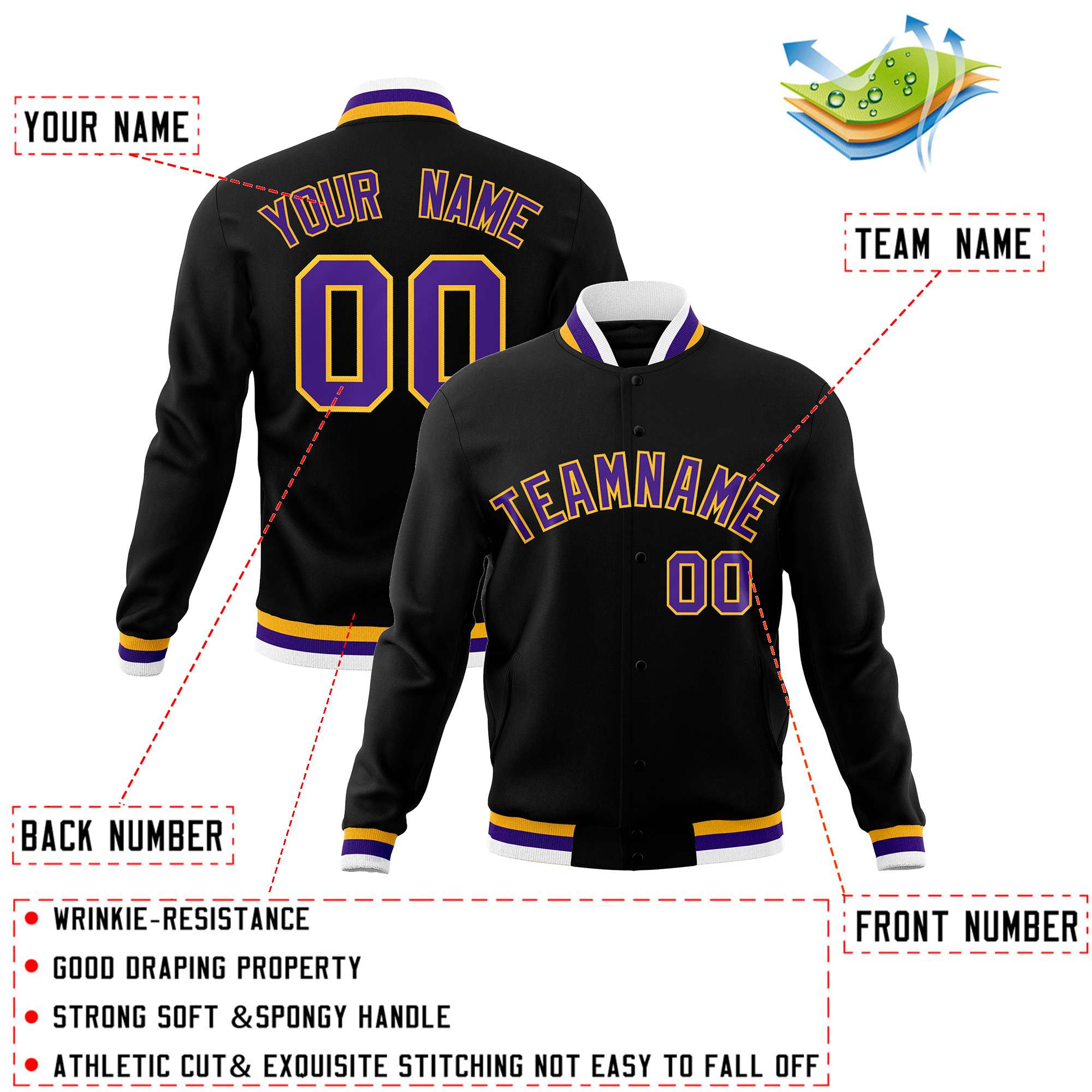 Custom Black Purple-Gold Classic Style Varsity Full-Snap Letterman Jacket