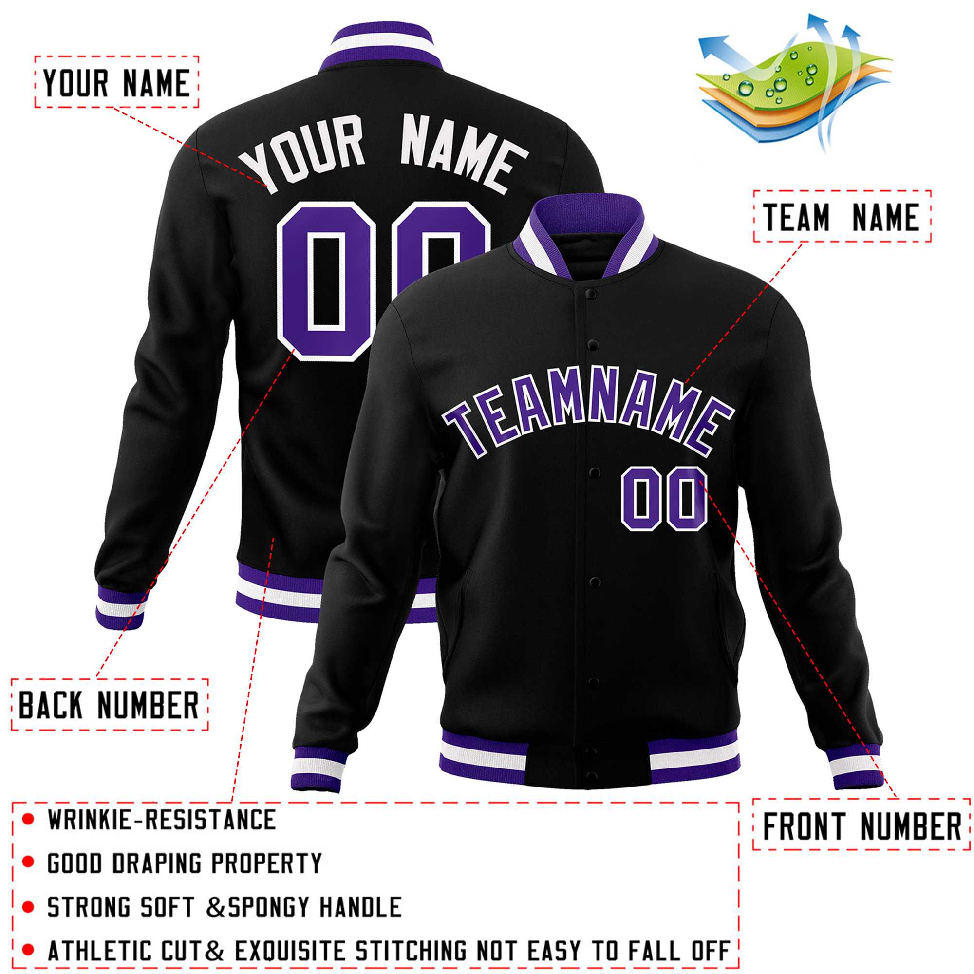 Custom Black Purple-White Classic Style Varsity Full-Snap Letterman Jacket