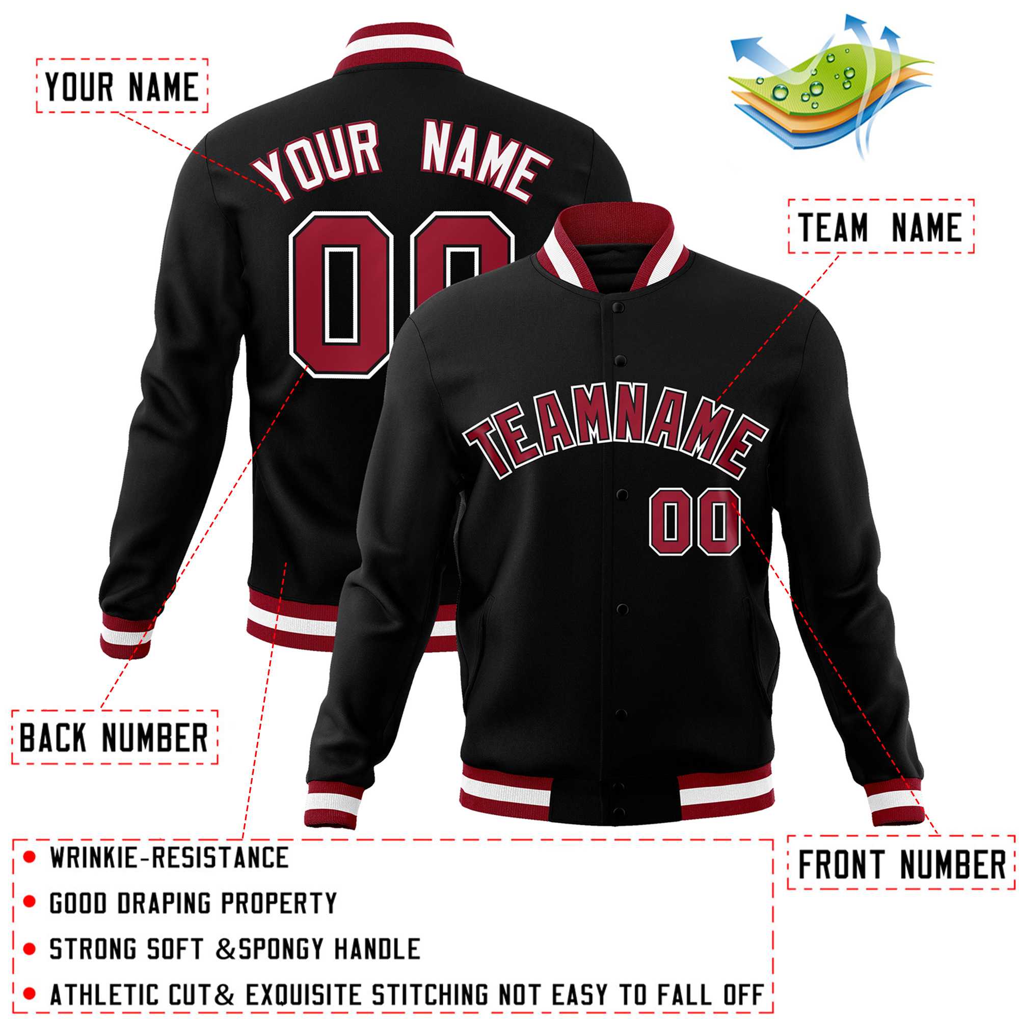 Custom Black Crimson-White Classic Style Varsity Full-Snap Letterman Jacket