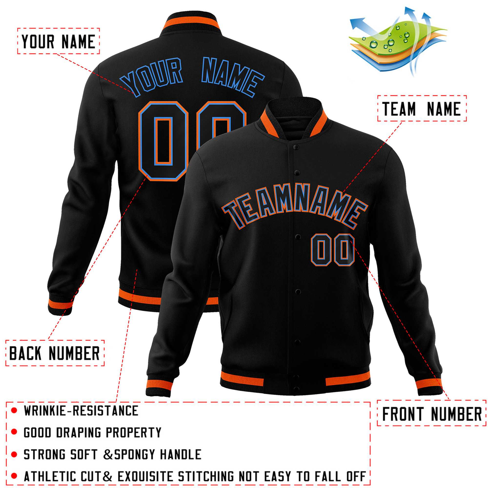 Custom Black Black-Orange Classic Style Varsity Full-Snap Letterman Jacket