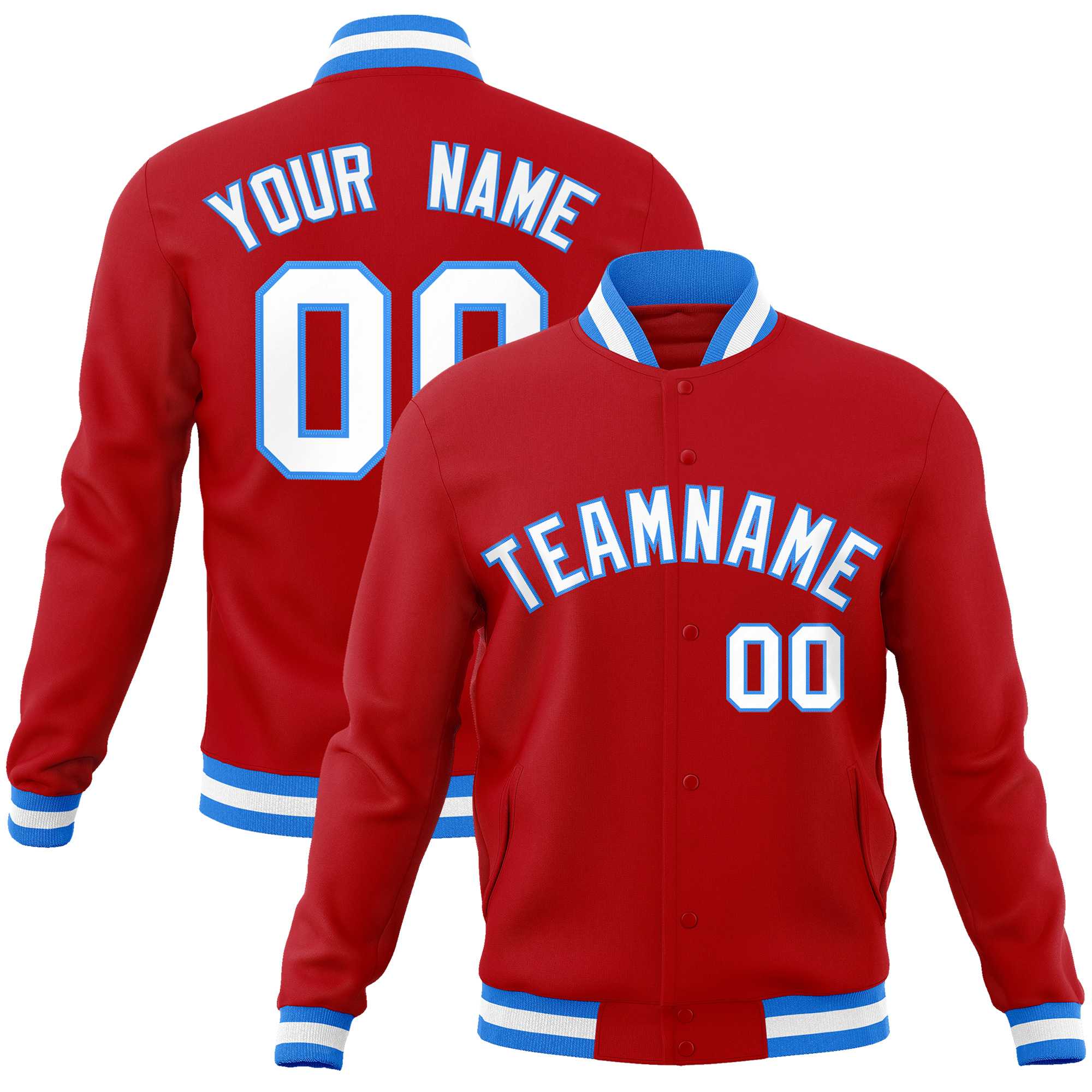 Custom Red White-Powder Blue Classic Style Varsity Full-Snap Letterman Jacket