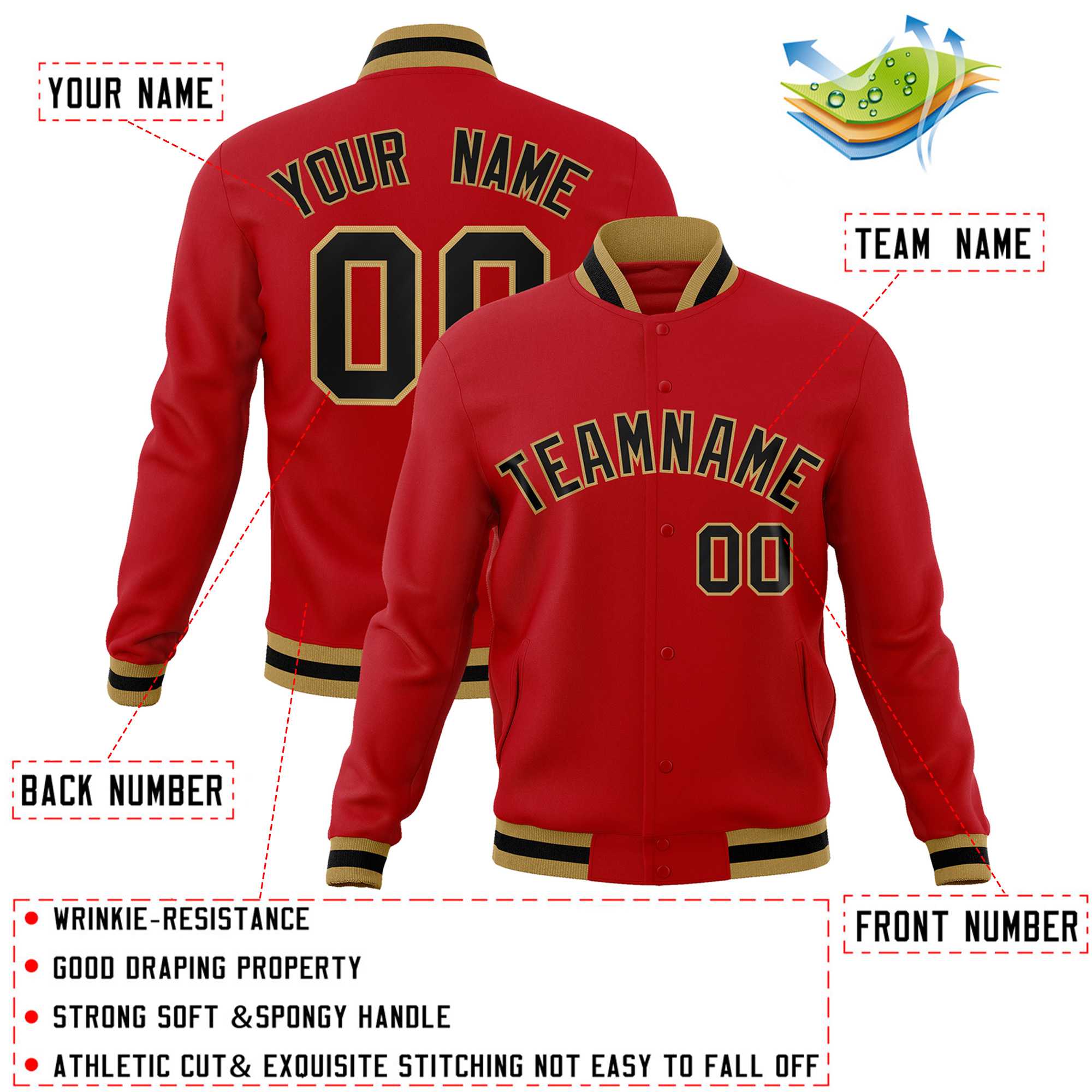 Custom Red Black-Old Gold Classic Style Varsity Full-Snap Letterman Jacket