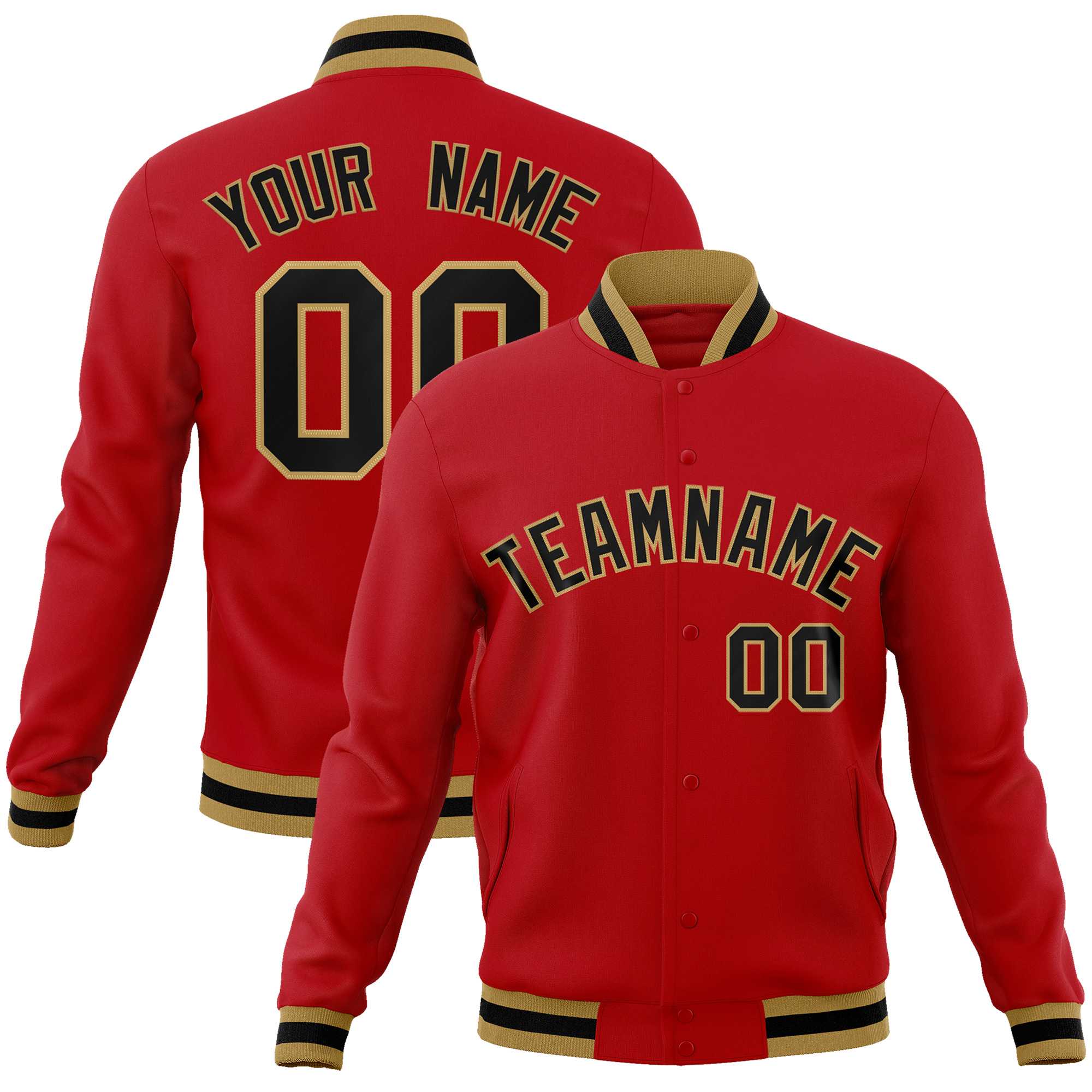 Custom Red Black-Old Gold Classic Style Varsity Full-Snap Letterman Jacket