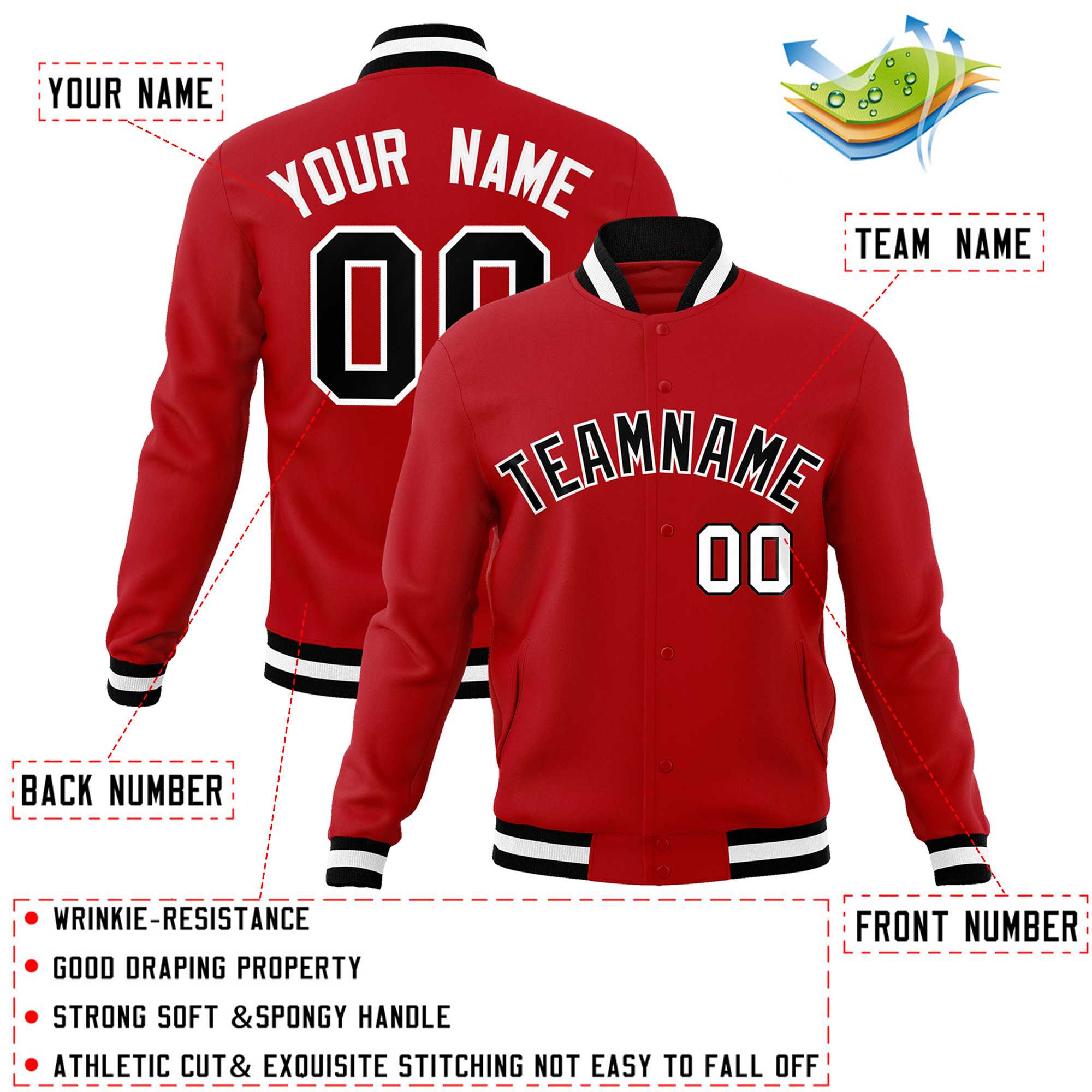 Custom Red Black-White Classic Style Varsity Full-Snap Letterman Jacket