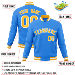 Custom Powder Blue Gold-White Classic Style Varsity Full-Snap Letterman Jacket