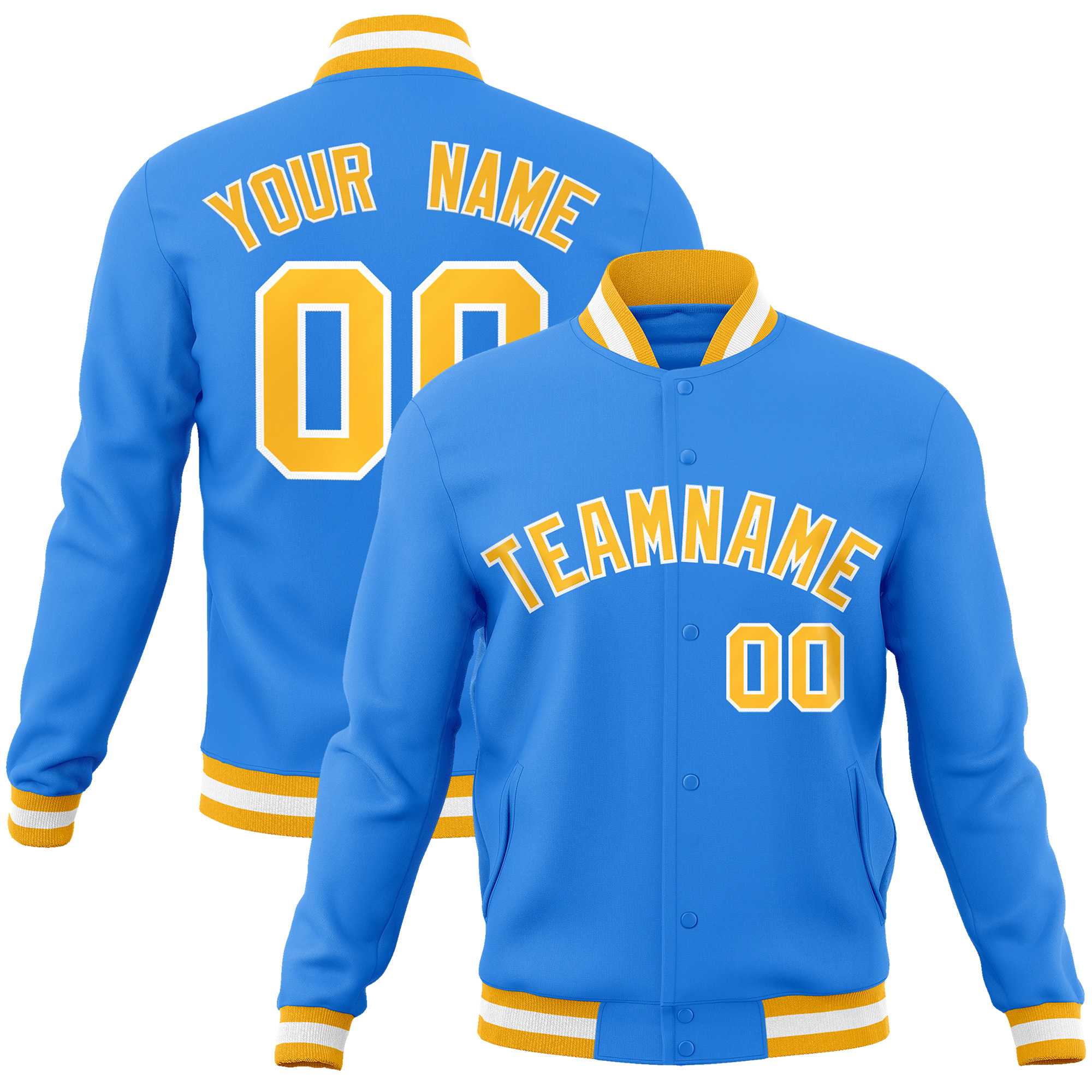 Custom Powder Blue Gold-White Classic Style Varsity Full-Snap Letterman Jacket