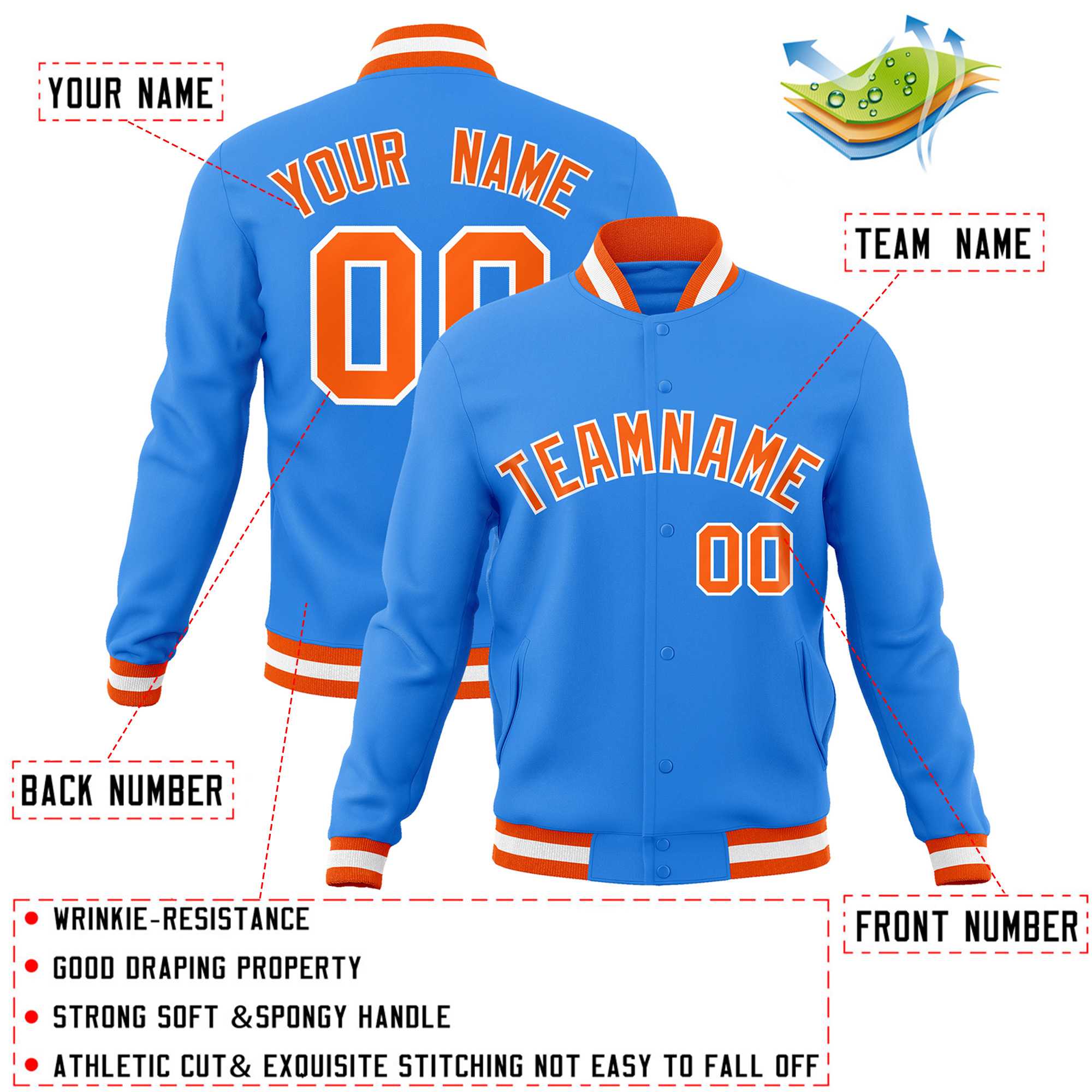 Custom Powder Blue Orange-White Classic Style Varsity Full-Snap Letterman Jacket