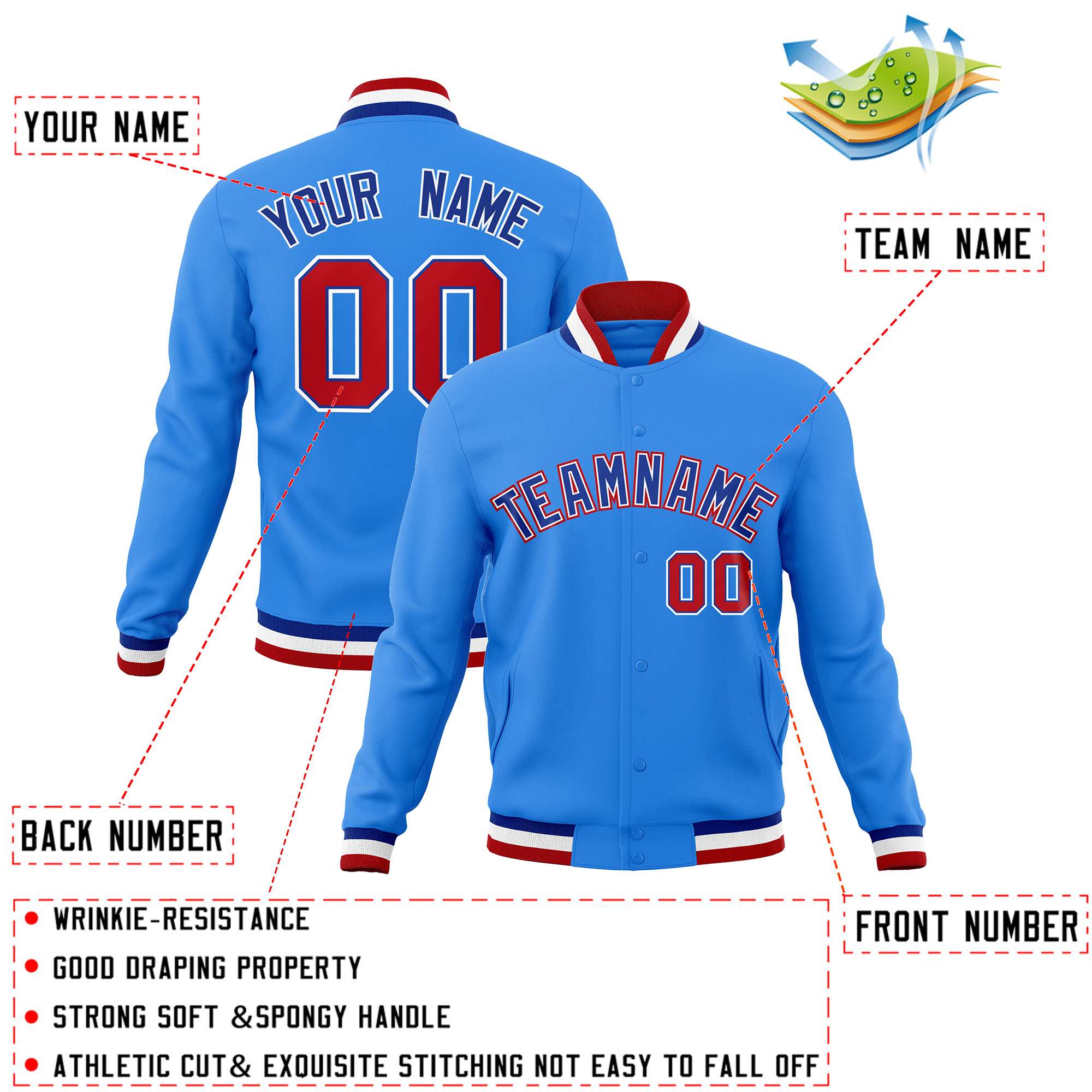 Custom Powder Blue Royal-Red Classic Style Varsity Full-Snap Letterman Jacket