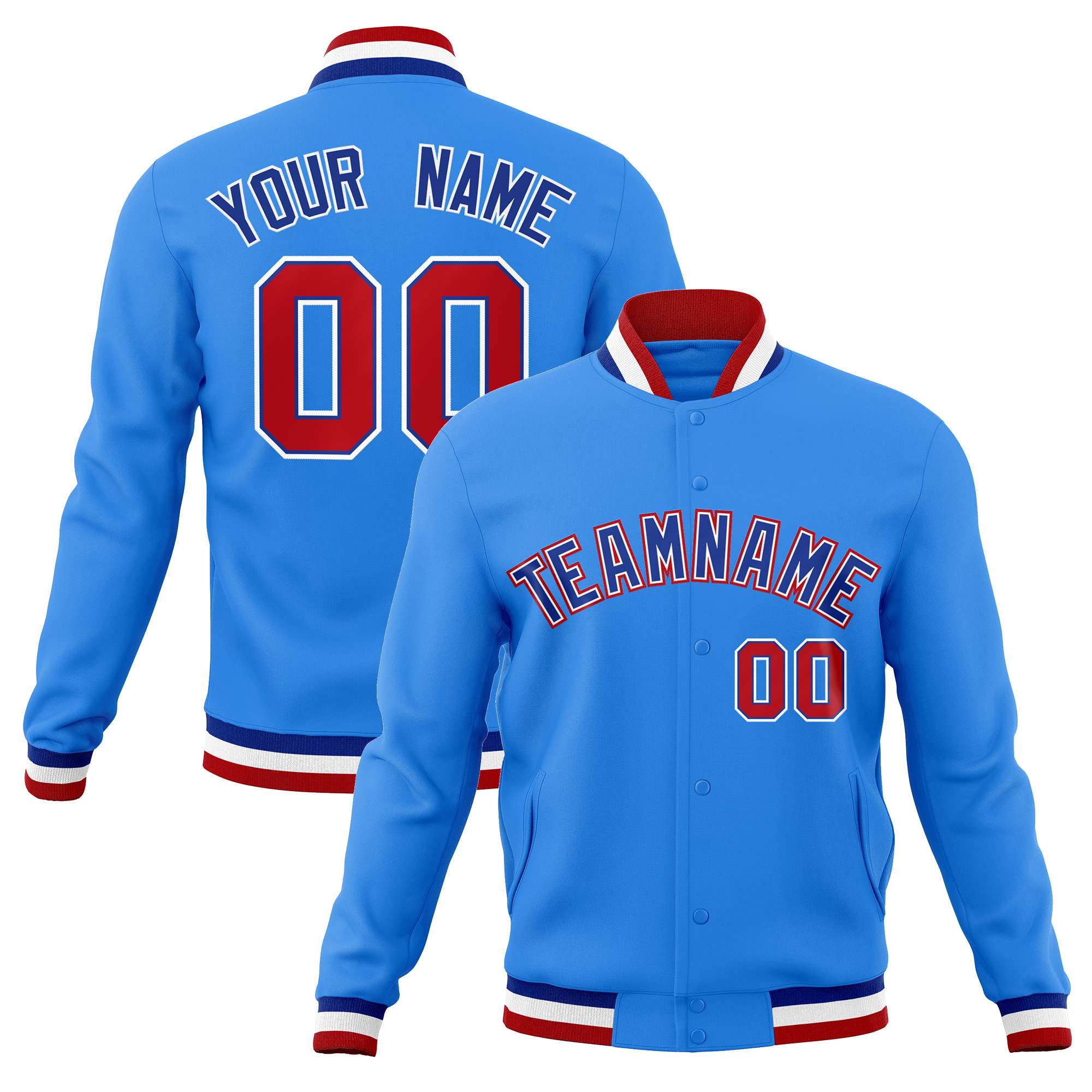 Custom Powder Blue Royal-Red Classic Style Varsity Full-Snap Letterman Jacket