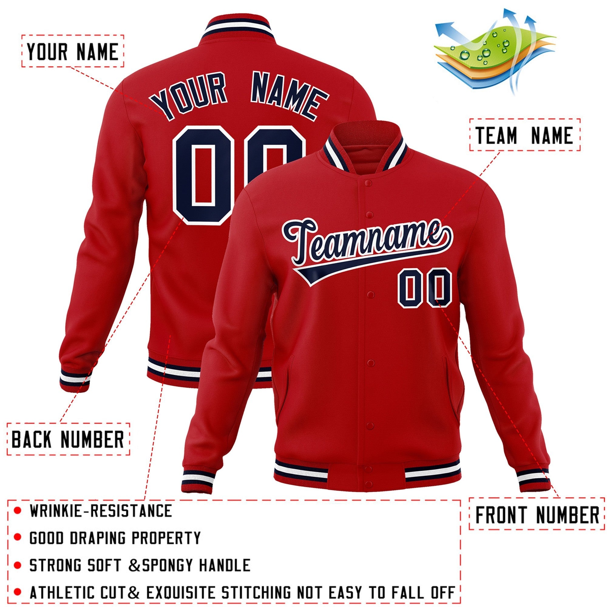 Custom Red Navy-White Classic Style Varsity Full-Snap Letterman Jacket