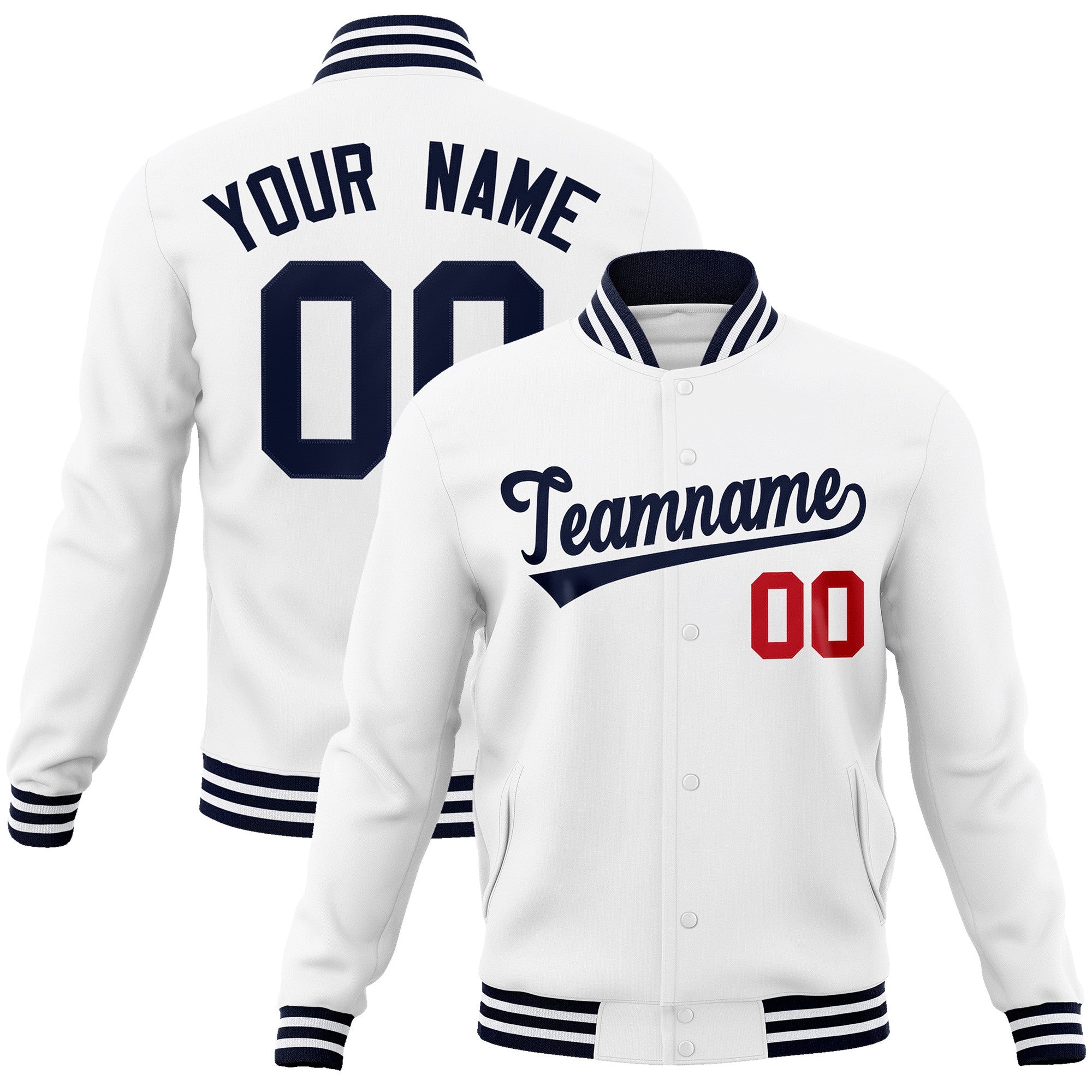 Custom White Navy Classic Style Varsity Full-Snap Letterman Jacket