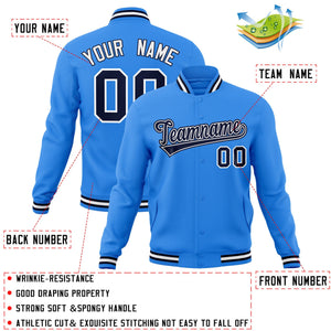 Custom Powder Blue Navy-White Classic Style Varsity Full-Snap Letterman Jacket