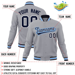 Custom Gray Navy-White Classic Style Varsity Full-Snap Letterman Jacket