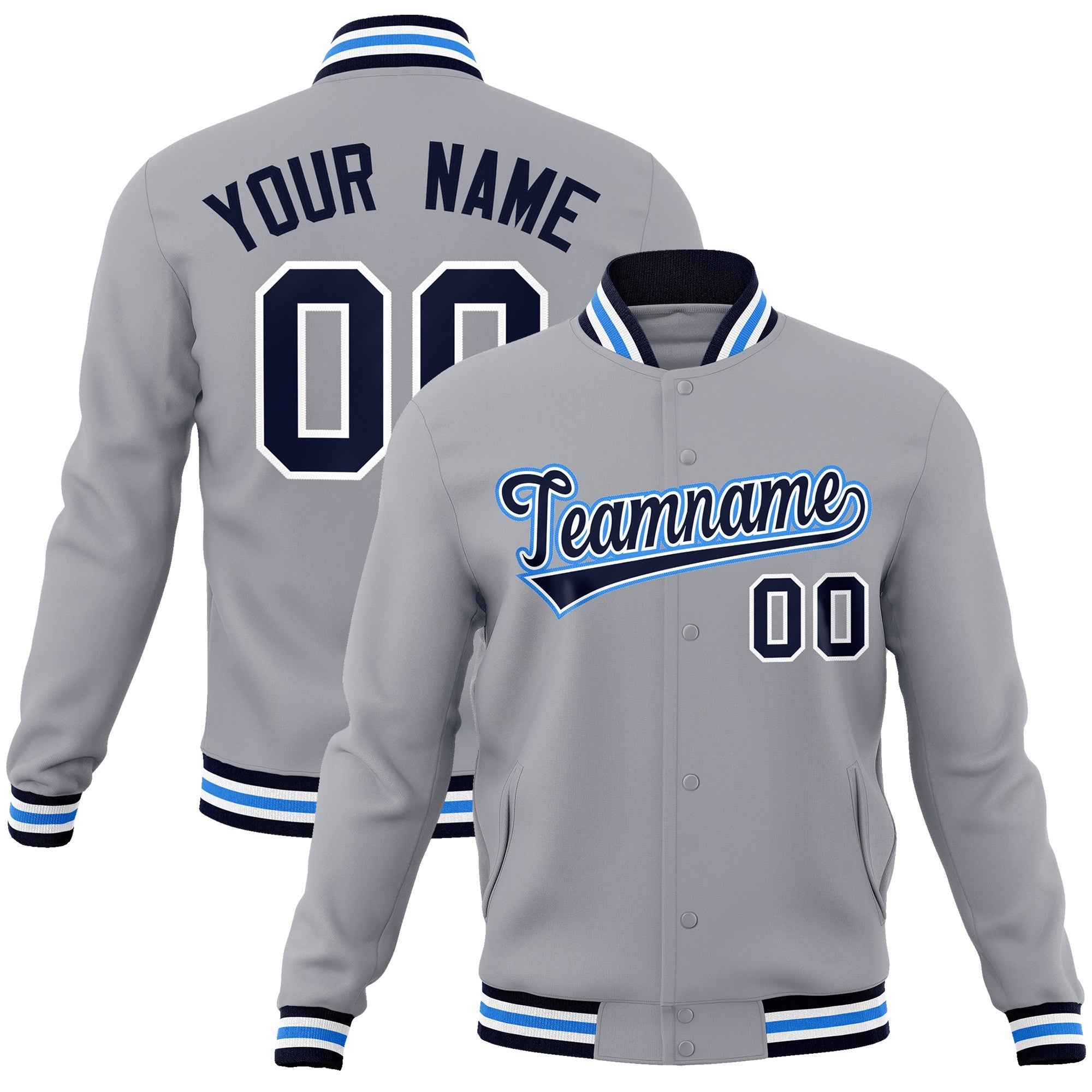 Custom Gray Navy-White Classic Style Varsity Full-Snap Letterman Jacket