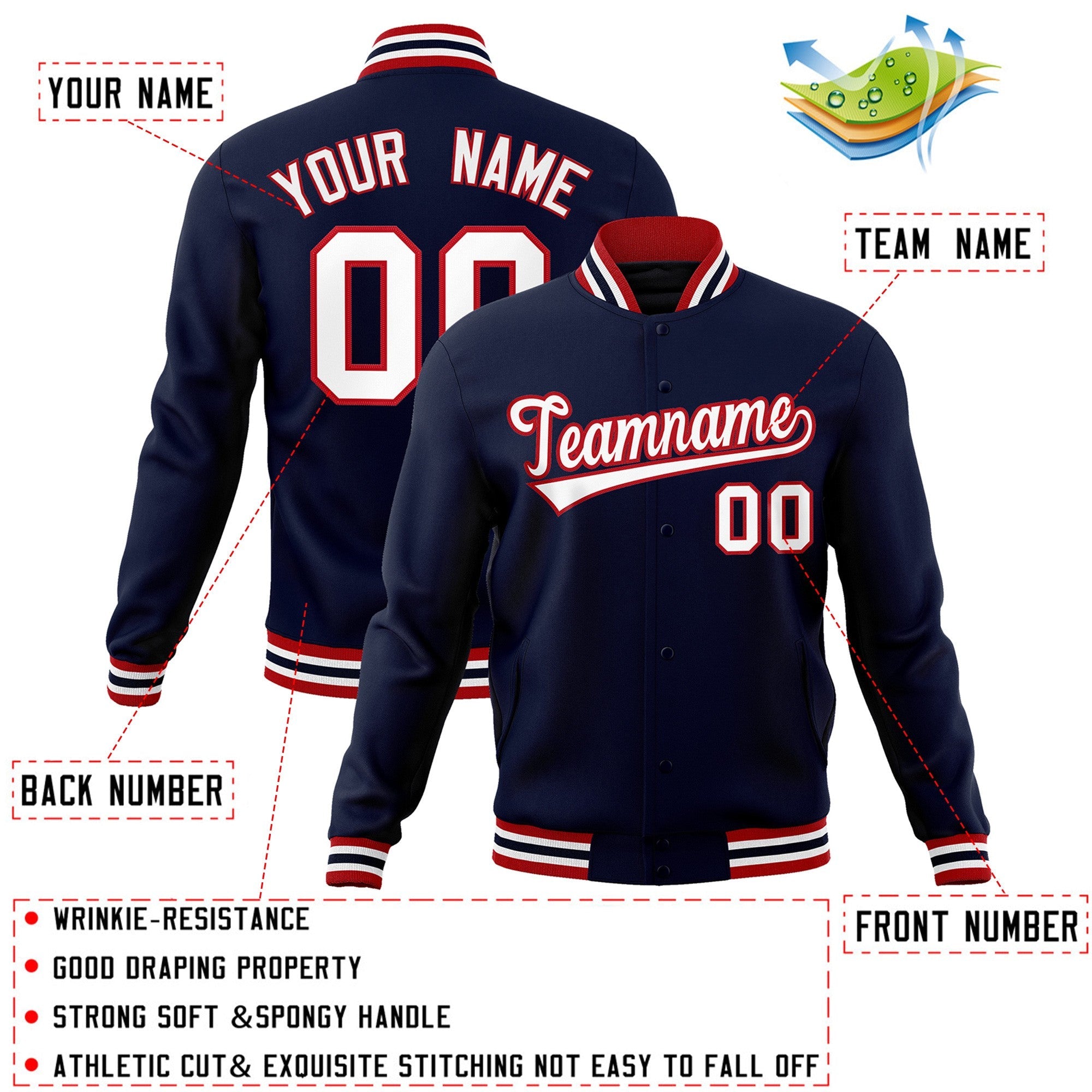 Custom Navy White-Red Classic Style Varsity Full-Snap Letterman Jacket