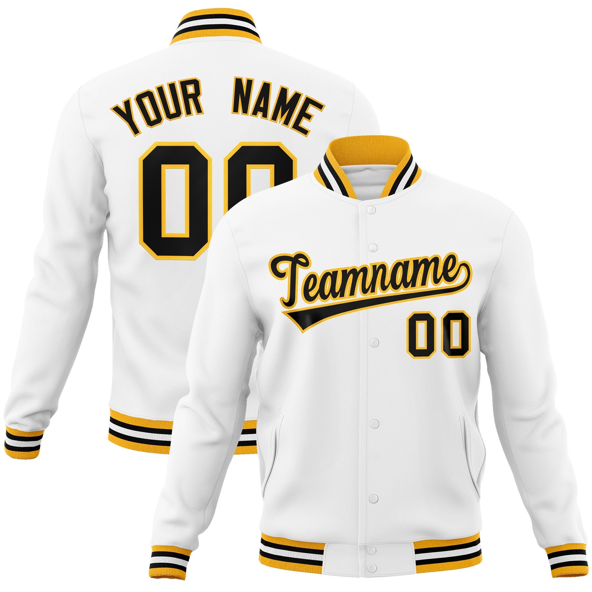 Custom White Black Gold Classic Style Varsity Full Snap Letterman Jack