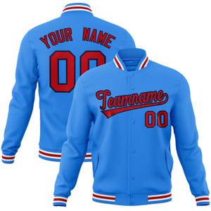 Custom Powder Blue Red-Navy Classic Style Varsity Full-Snap Letterman Jacket