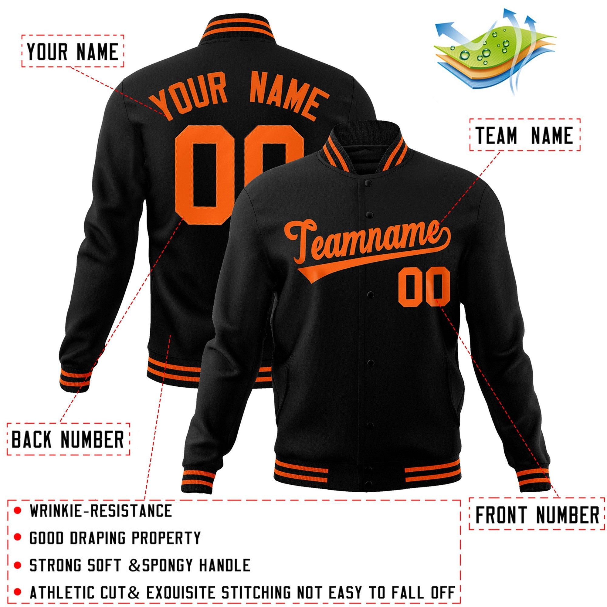 Veste Letterman Varsity Full-Snap de style classique orange noir personnalisée