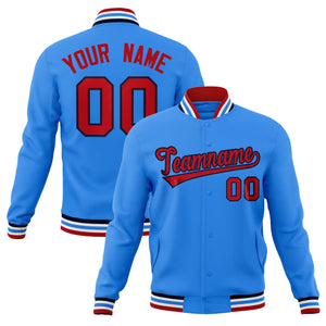 Custom Powder Blue Red-Navy Classic Style Varsity Full-Snap Letterman Jacket