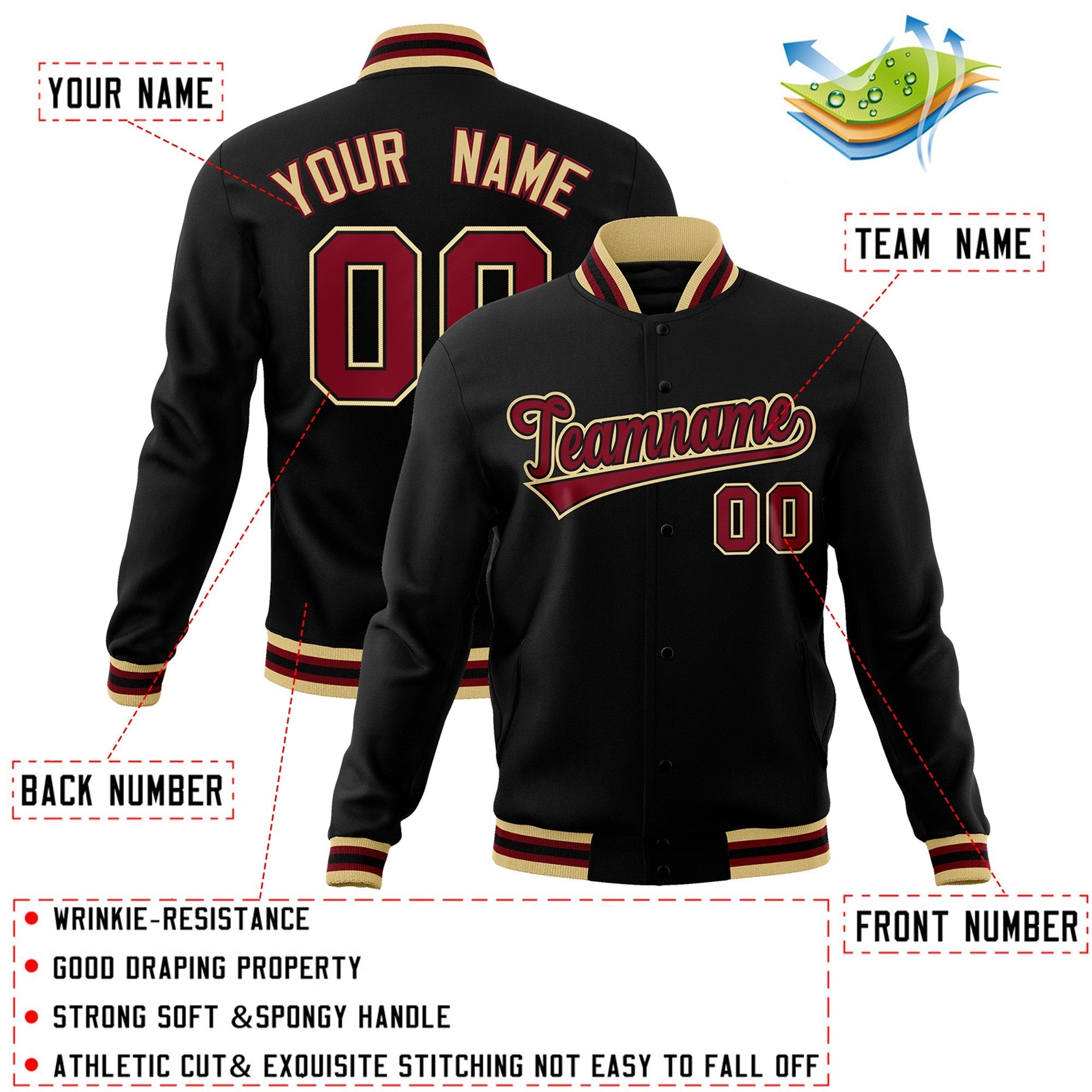 Custom Black Maroon-Black Classic Style Varsity Full-Snap Letterman Jacket