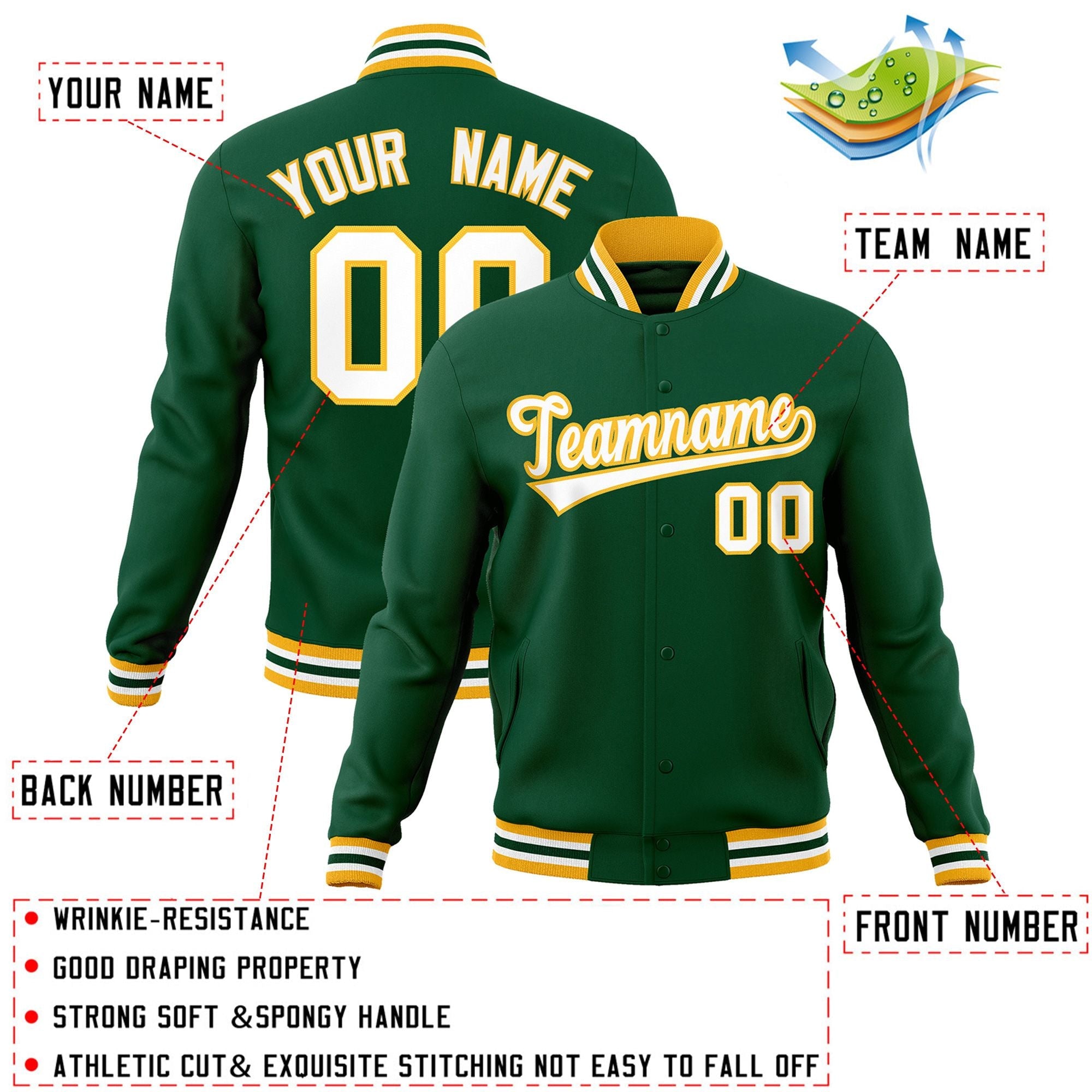 Custom Green White-Gold Classic Style Varsity Full-Snap Letterman Jacket