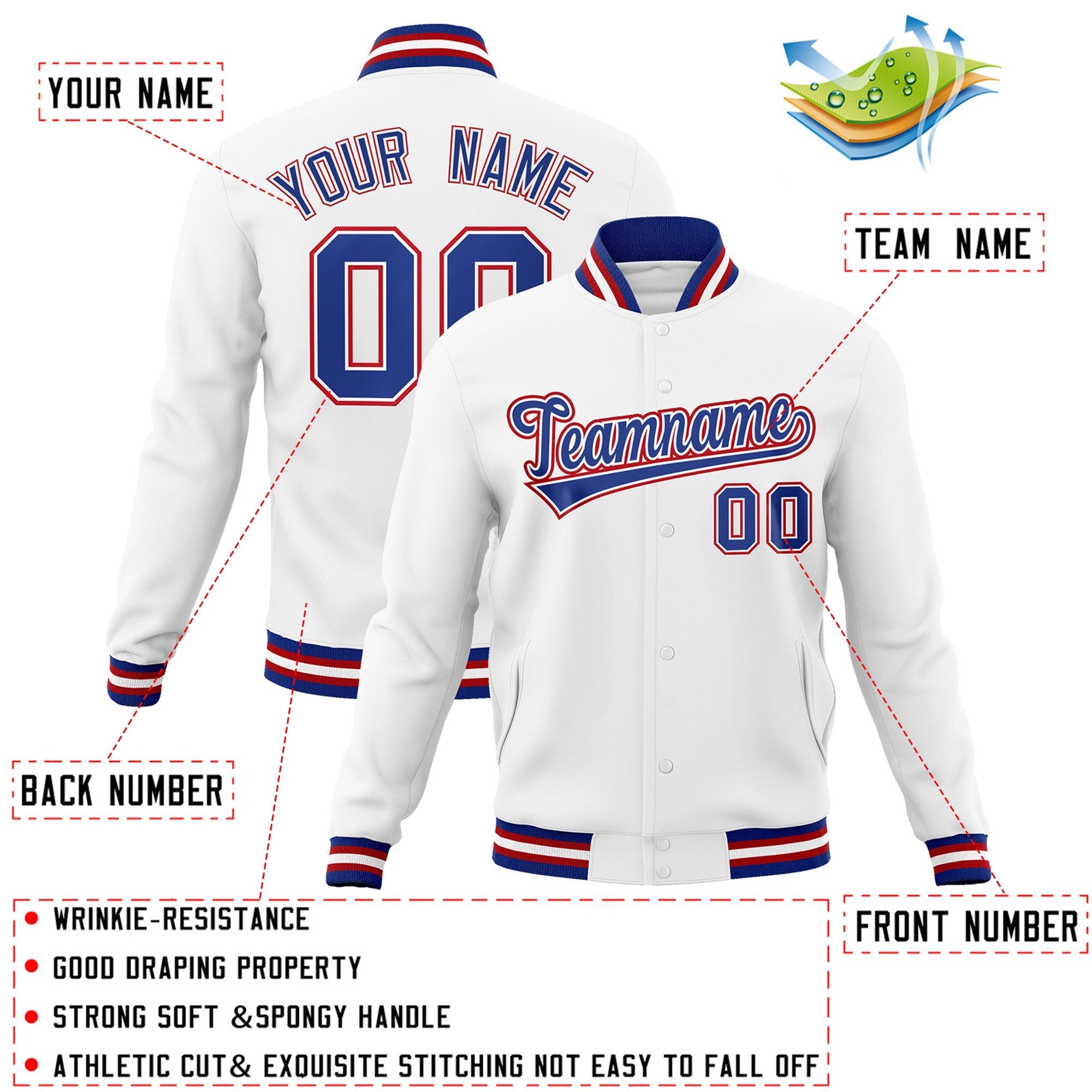 Veste Letterman Varsity Full-Snap Custom White Royal-White de style classique