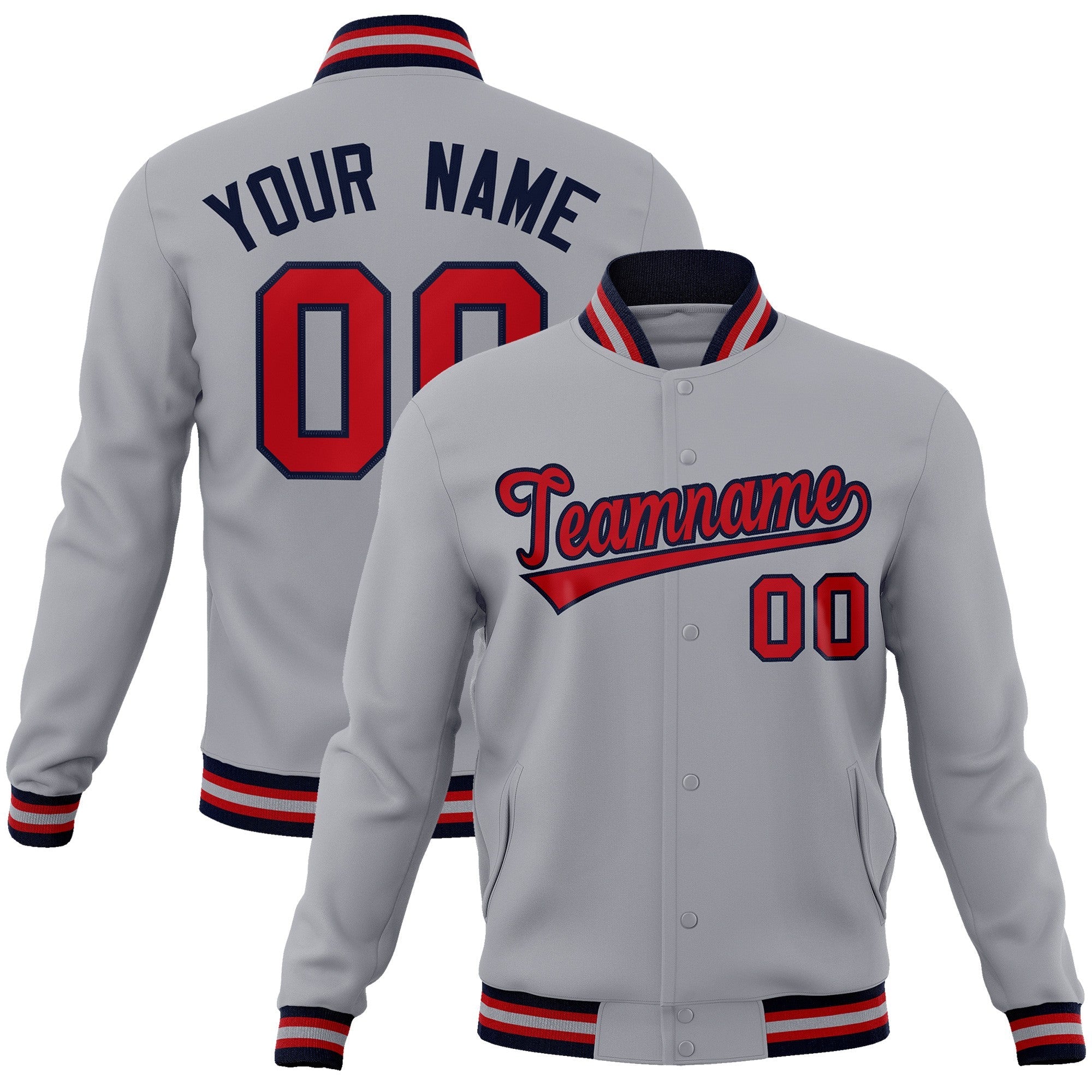 Custom Gray Red-Navy Classic Style Varsity Full-Snap Letterman Jacket