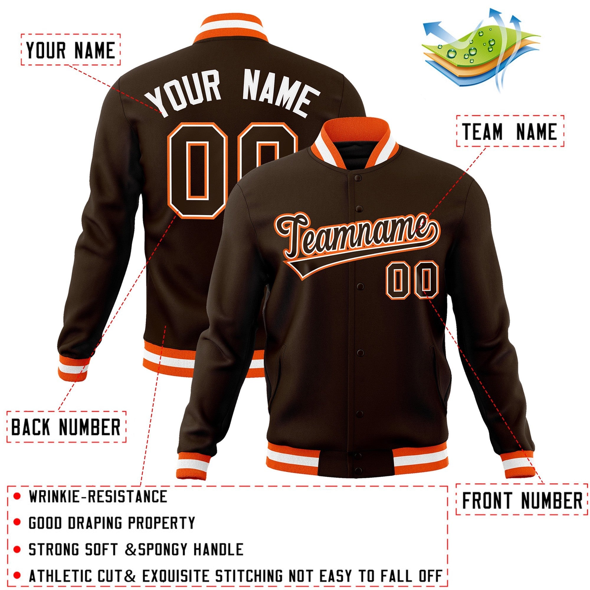 Custom Brown Brown-White Classic Style Varsity Full-Snap Letterman Jacket