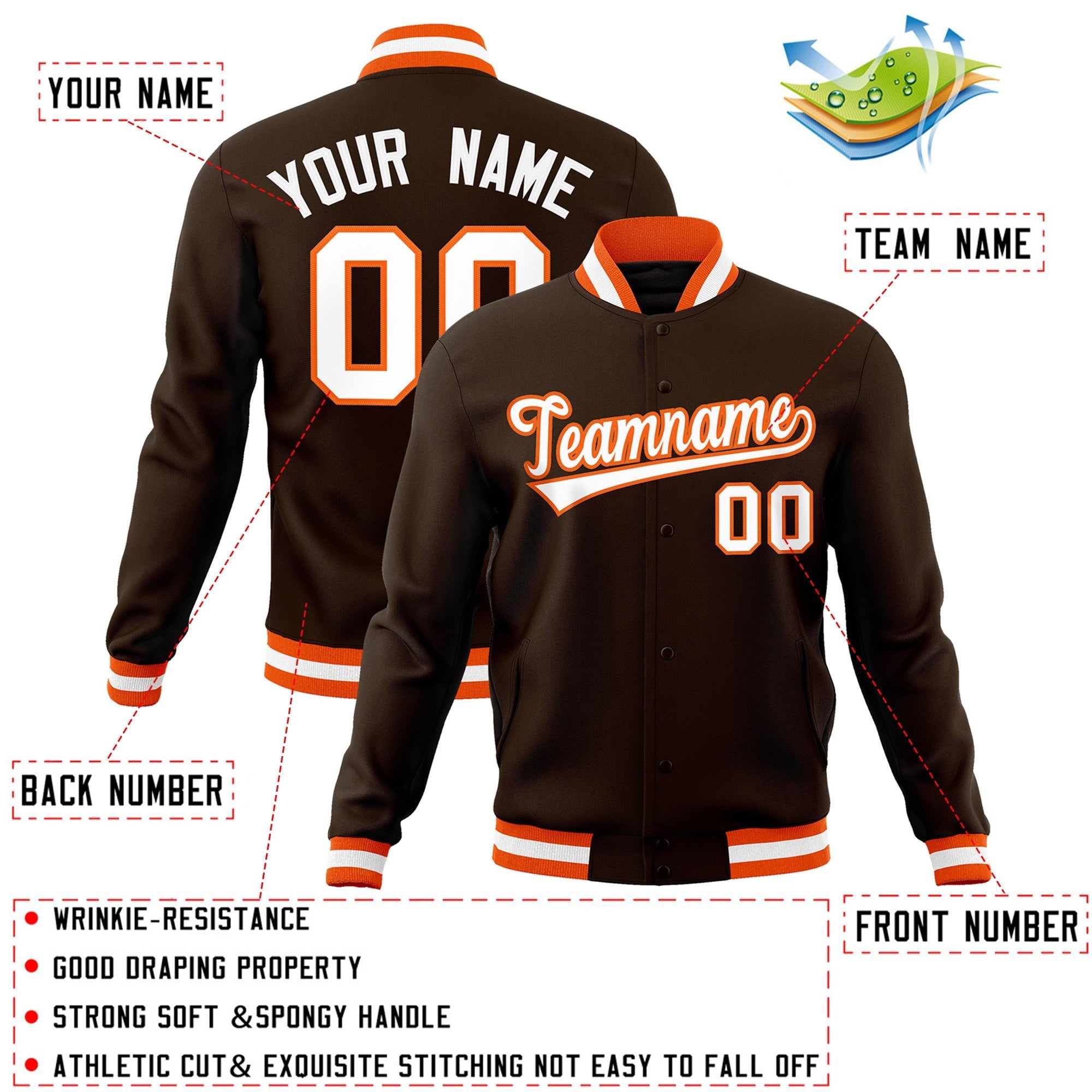 Custom Brown White-Orange Classic Style Varsity Full-Snap Letterman Jacket